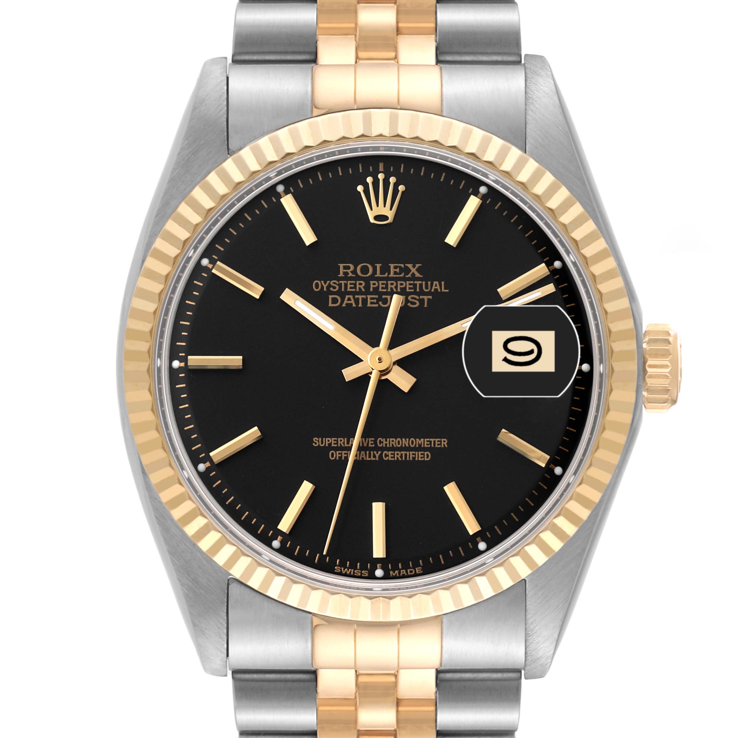 The image shows a Rolex Vintage Collection 1601/3 Men's Steel and Gold (two tone) Black Dial 1601/3 Men's Steel and Gold (two tone) Black Dial Datejust model from a frontal angle, displaying the face, bezel, and part of the bracelet.