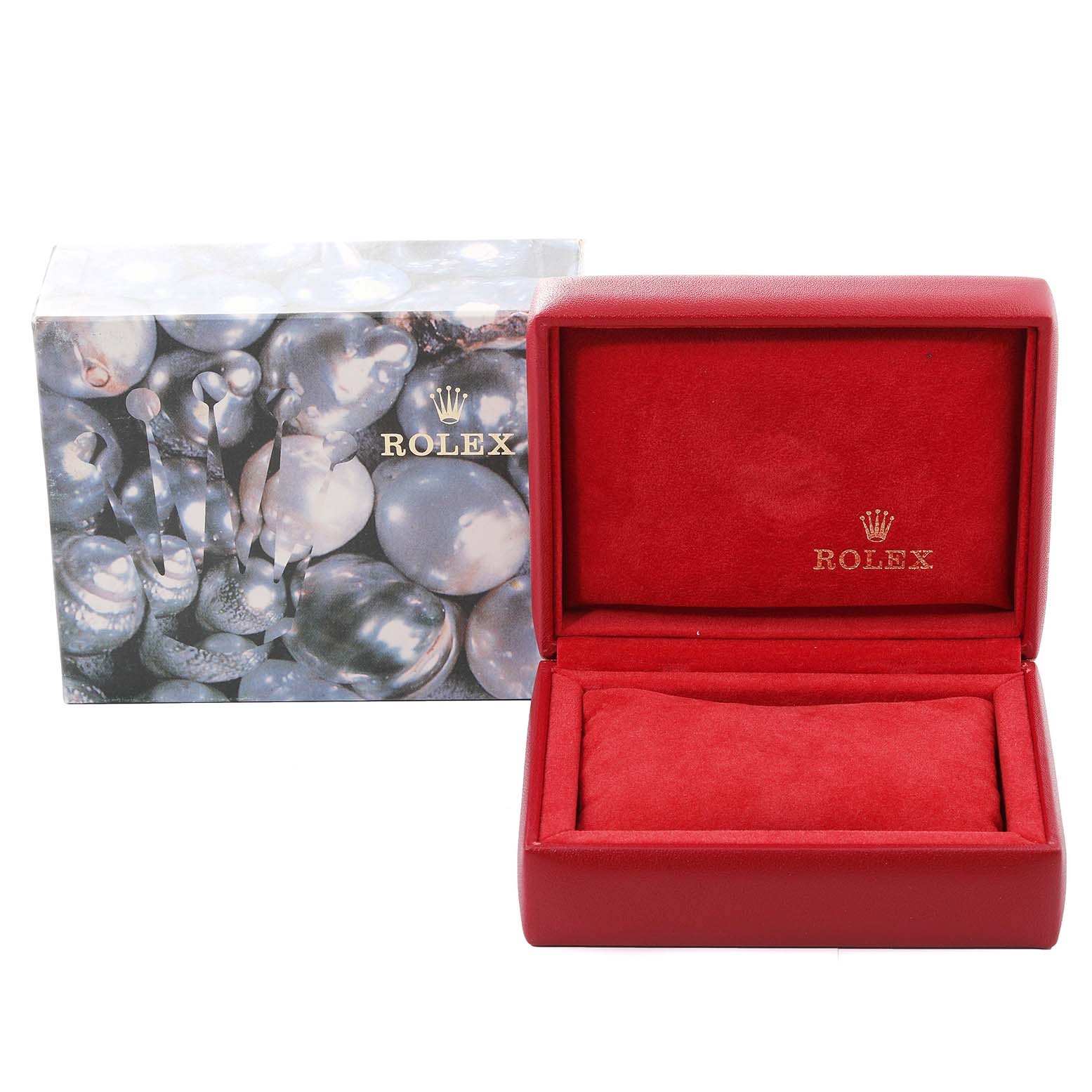 The image shows a Rolex Datejust 69173 Women's Steel and Gold (two tone) Blue Dial 69173 Women's Steel and Gold (two tone) Blue Dial watch box, both the outer packaging and the red inner case.