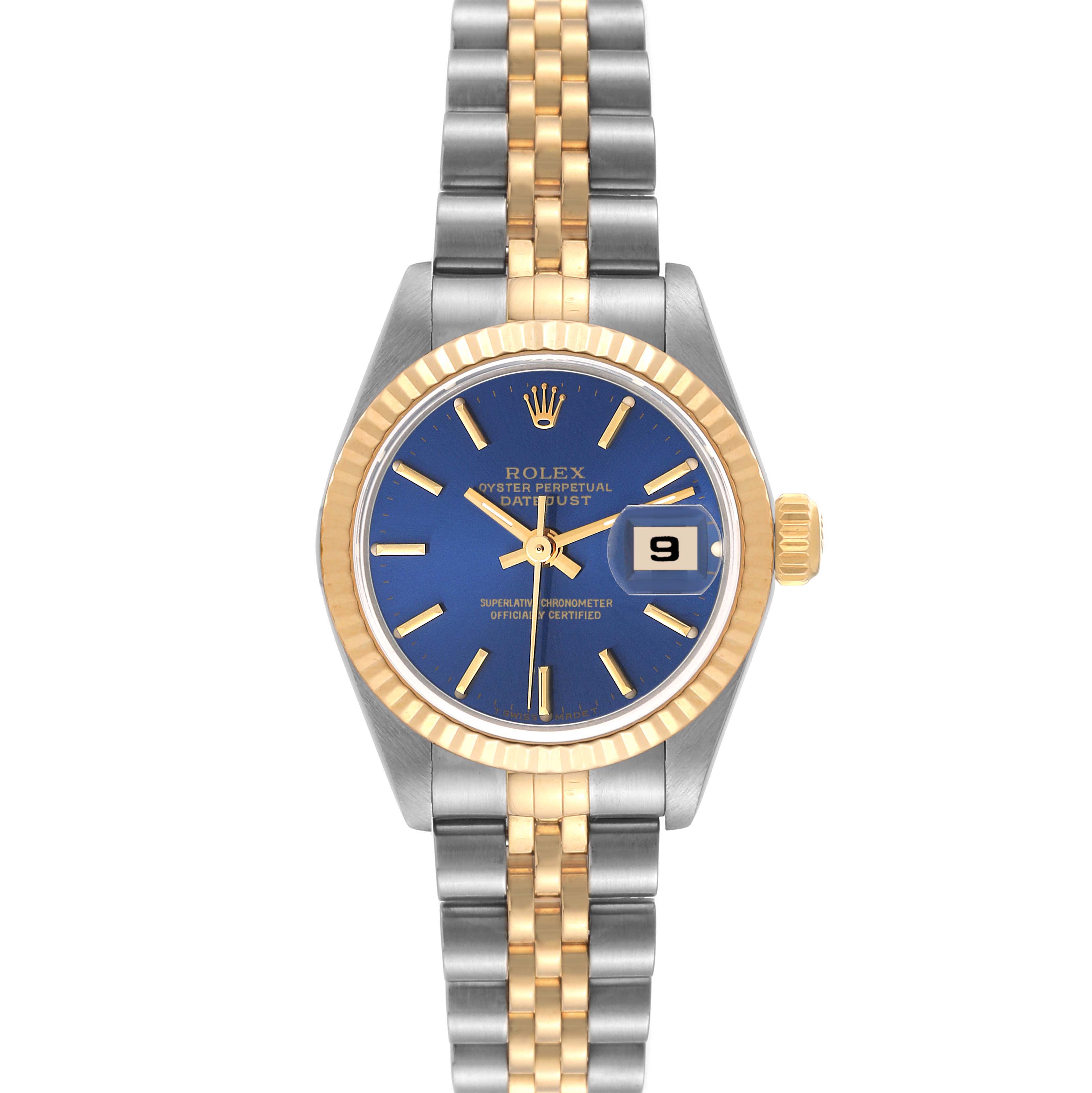 This image shows a Rolex Datejust 69173 Women's Steel and Gold (two tone) Blue Dial 69173 Women's Steel and Gold (two tone) Blue Dial watch from a front perspective, displaying the full face and bracelet.