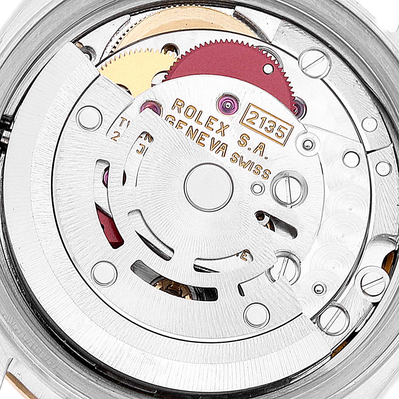 This is a close-up view of the Rolex Datejust 69173 Women's Steel and Gold (two tone) Blue Dial 69173 Women's Steel and Gold (two tone) Blue Dial watch movement, showcasing internal mechanical parts.