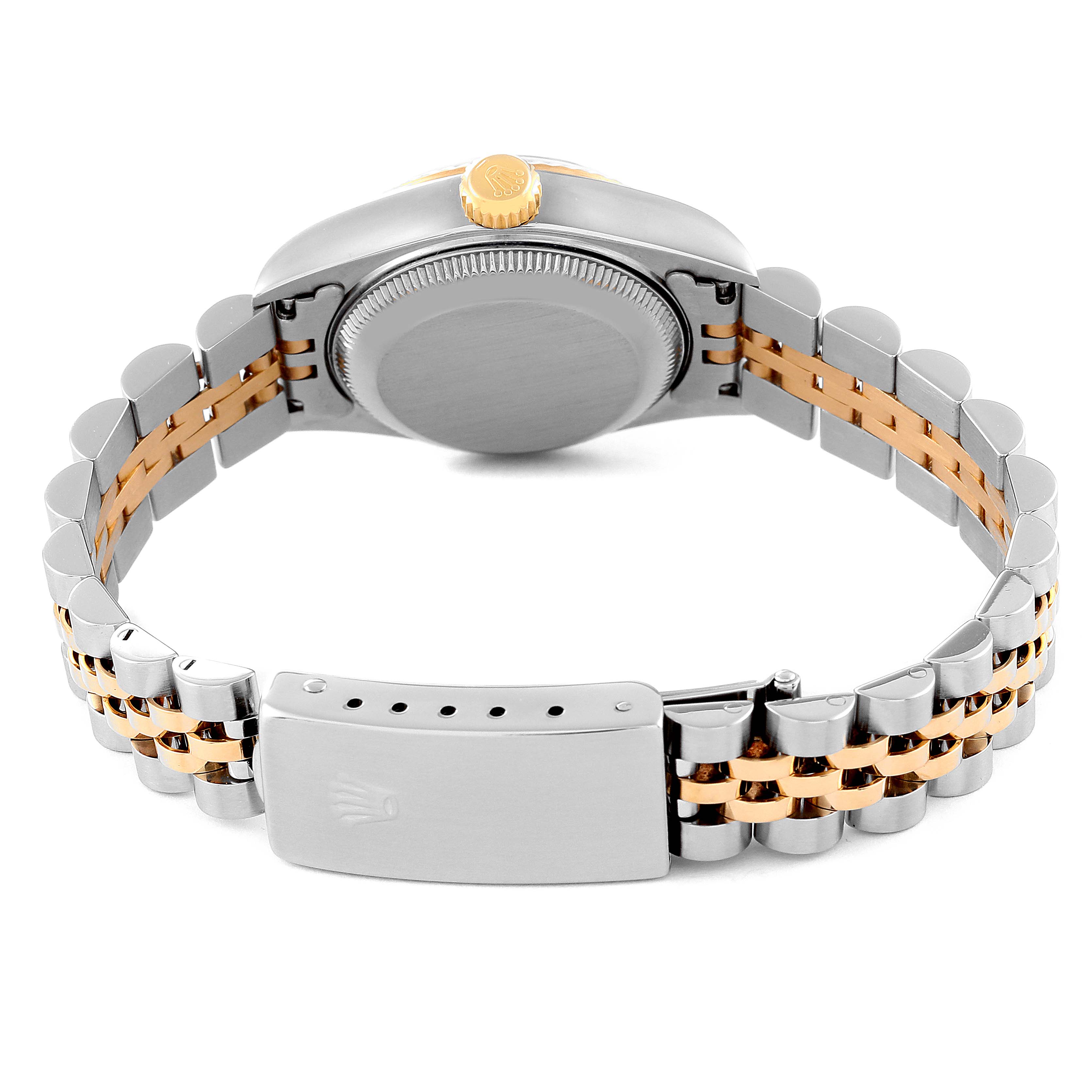 The image shows the back view of a Rolex Datejust 69173 Women's Steel and Gold (two tone) Blue Dial 69173 Women's Steel and Gold (two tone) Blue Dial watch, highlighting its case back, crown, and two-tone bracelet with a clasp.