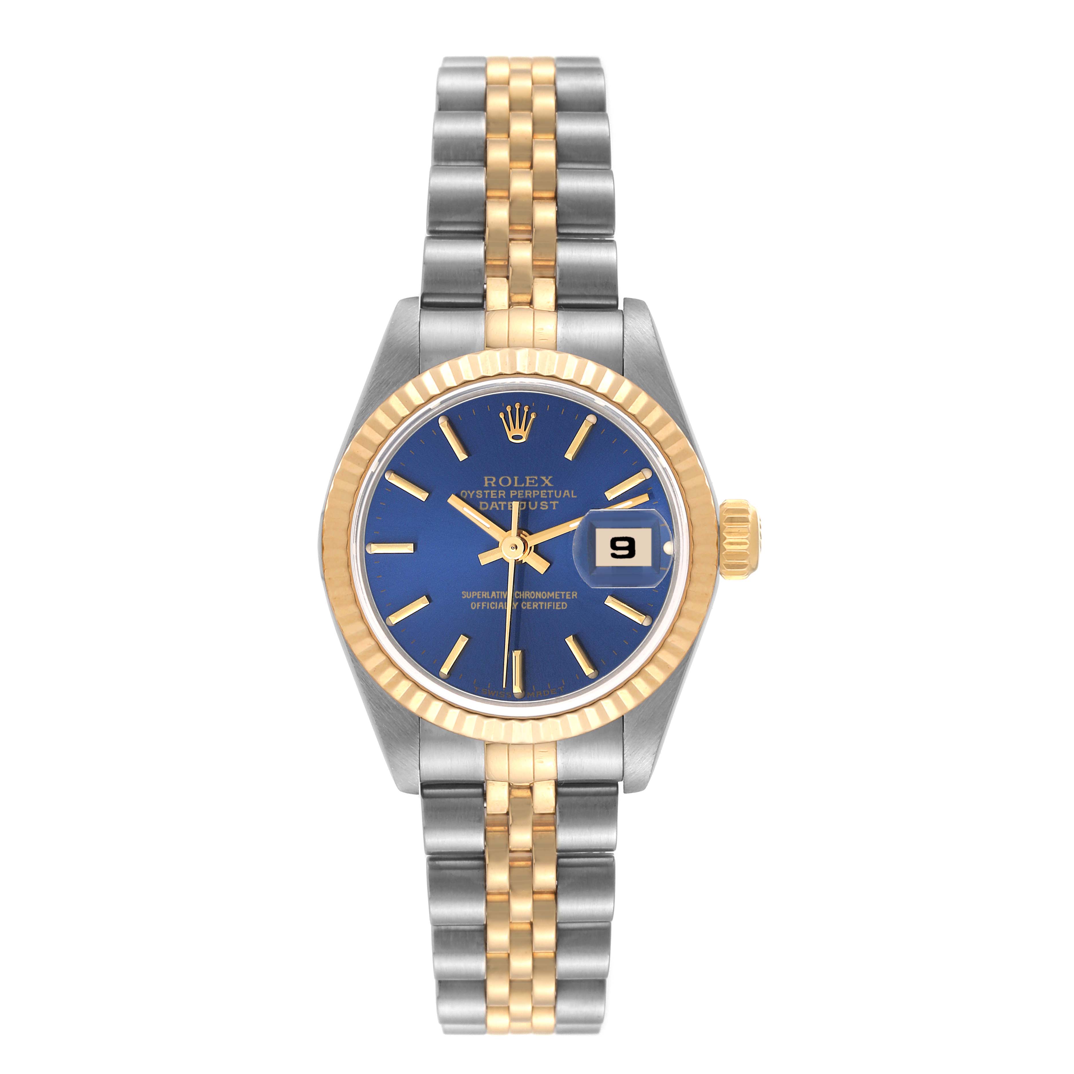 This Rolex Datejust 69173 Women's Steel and Gold (two tone) Blue Dial 69173 Women's Steel and Gold (two tone) Blue Dial watch is shown from a front angle, displaying the face, dial, bezel, and bracelet.