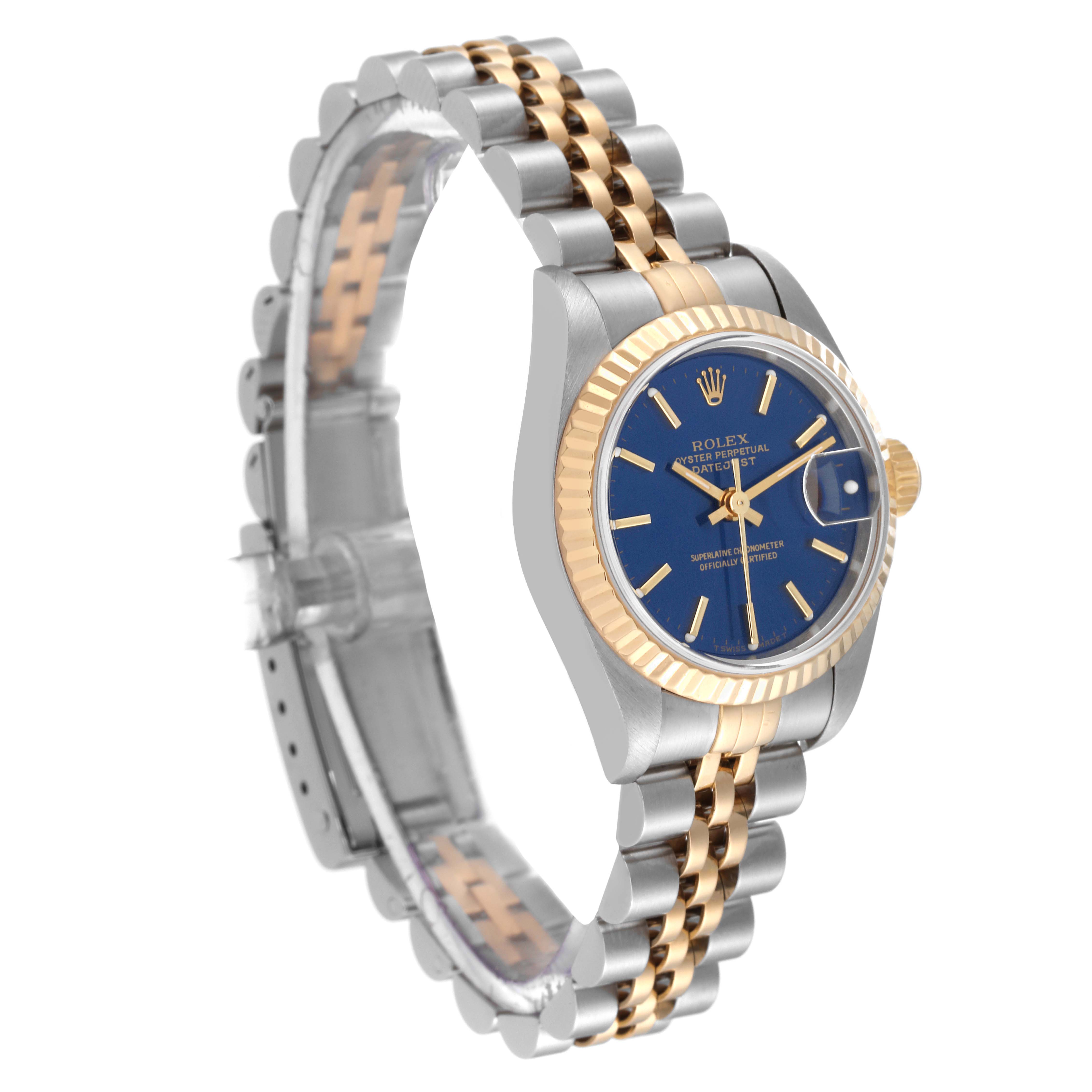 The Rolex Datejust 69173 Women's Steel and Gold (two tone) Blue Dial 69173 Women's Steel and Gold (two tone) Blue Dial watch is shown at a slight angle, displaying the dial, bezel, crown, and part of the bracelet.