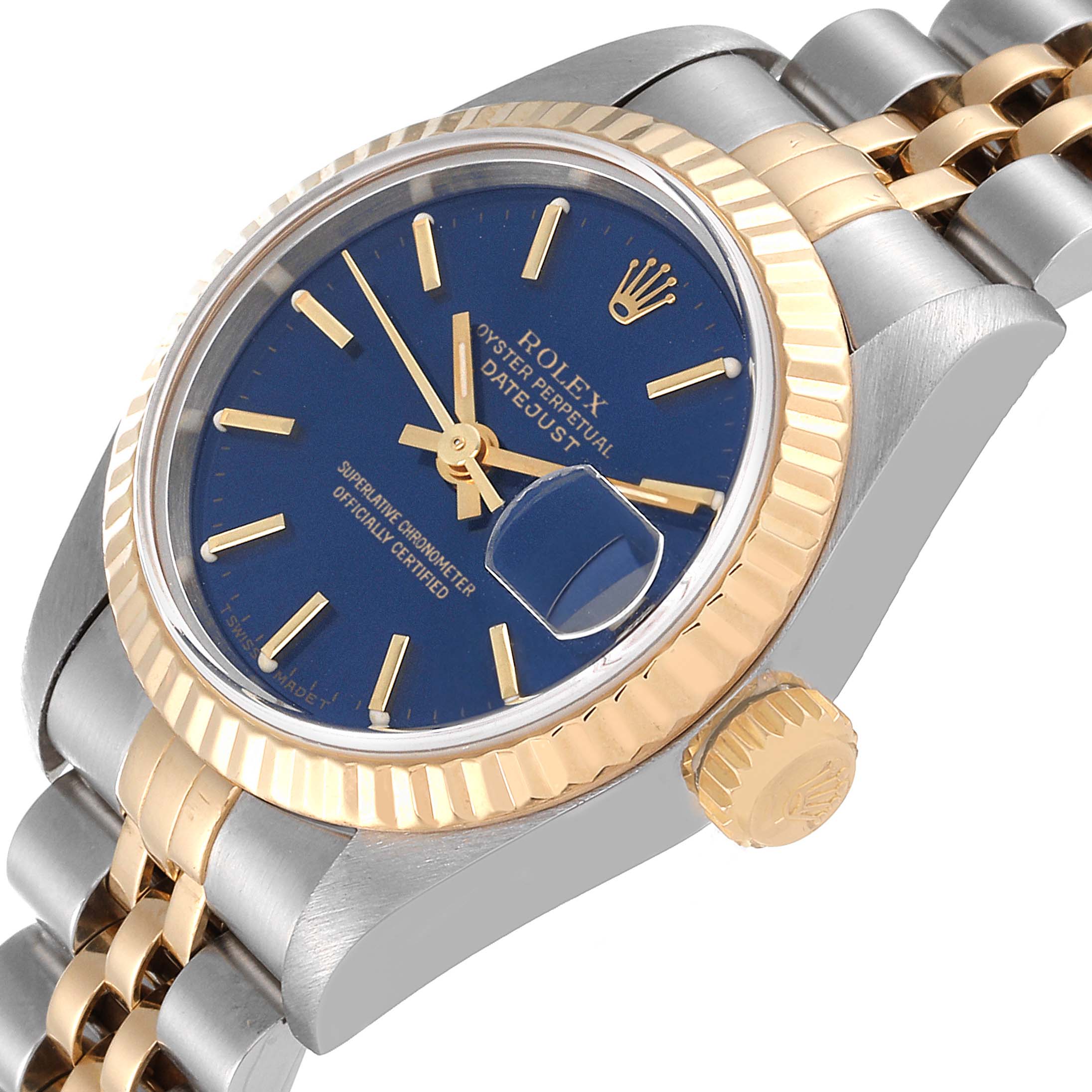 The image shows a close-up angled view of a Rolex Datejust 69173 Women's Steel and Gold (two tone) Blue Dial 69173 Women's Steel and Gold (two tone) Blue Dial, displaying the bezel, dial, crown, and part of the bracelet.
