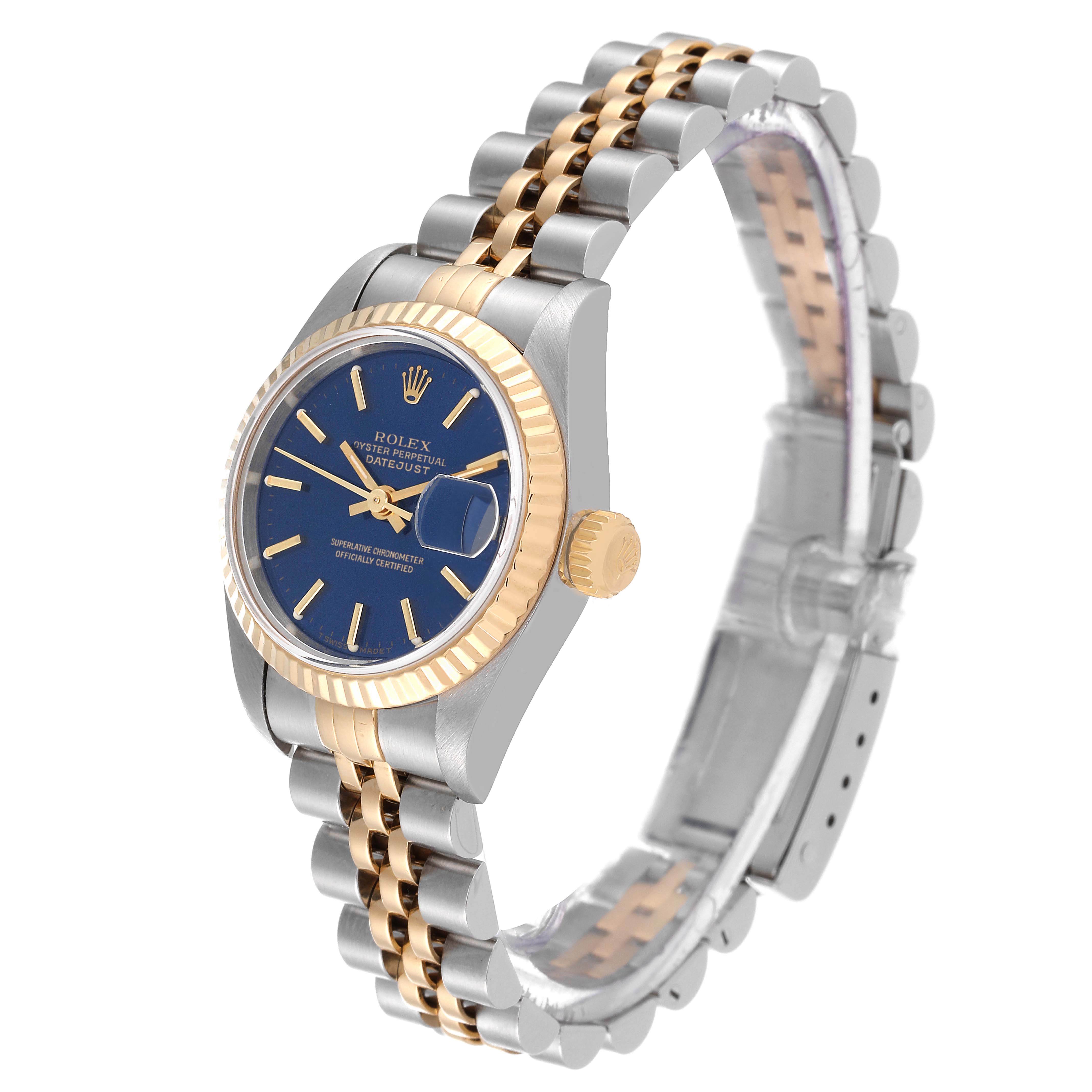This image shows a side-angle view of a Rolex Datejust 69173 Women's Steel and Gold (two tone) Blue Dial 69173 Women's Steel and Gold (two tone) Blue Dial watch displaying the dial, bezel, crown, and bracelet.