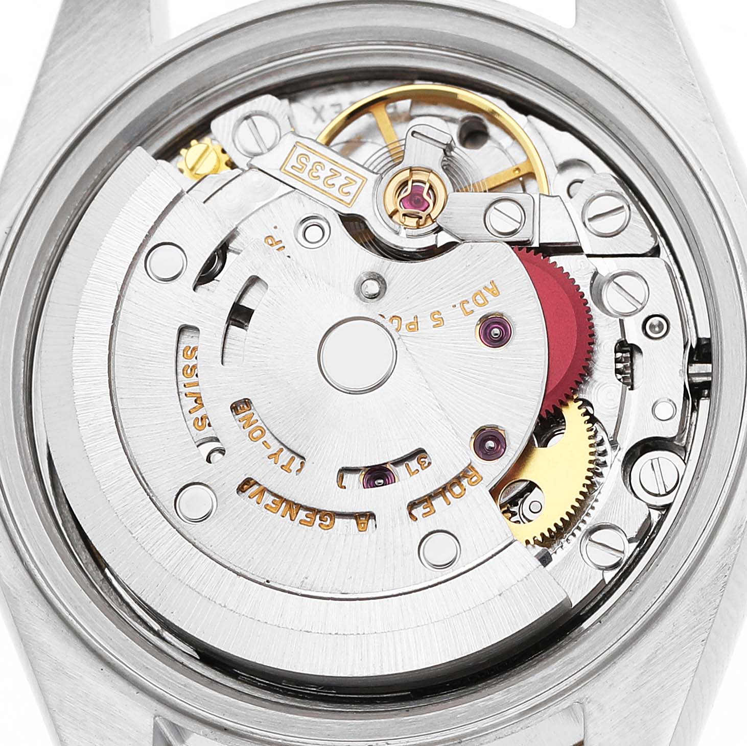 The Rolex Datejust 79173 Women's Stainless Steel Champagne Dial is shown from the back, displaying its intricate movement and rotor.