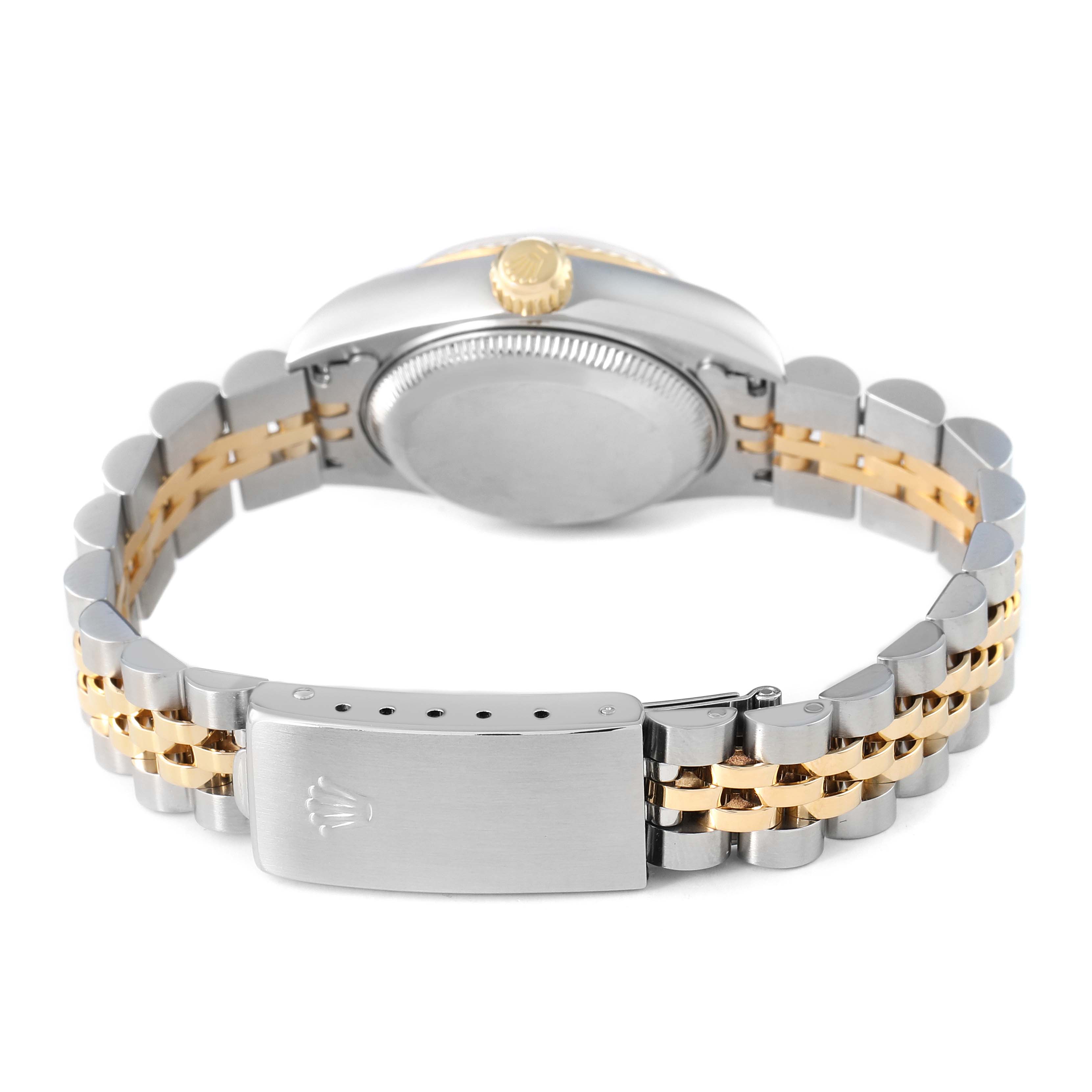 The image shows the back, side, and clasp of a Rolex Datejust 79173 Women's Stainless Steel Champagne Dial, highlighting the two-tone bracelet and crown.