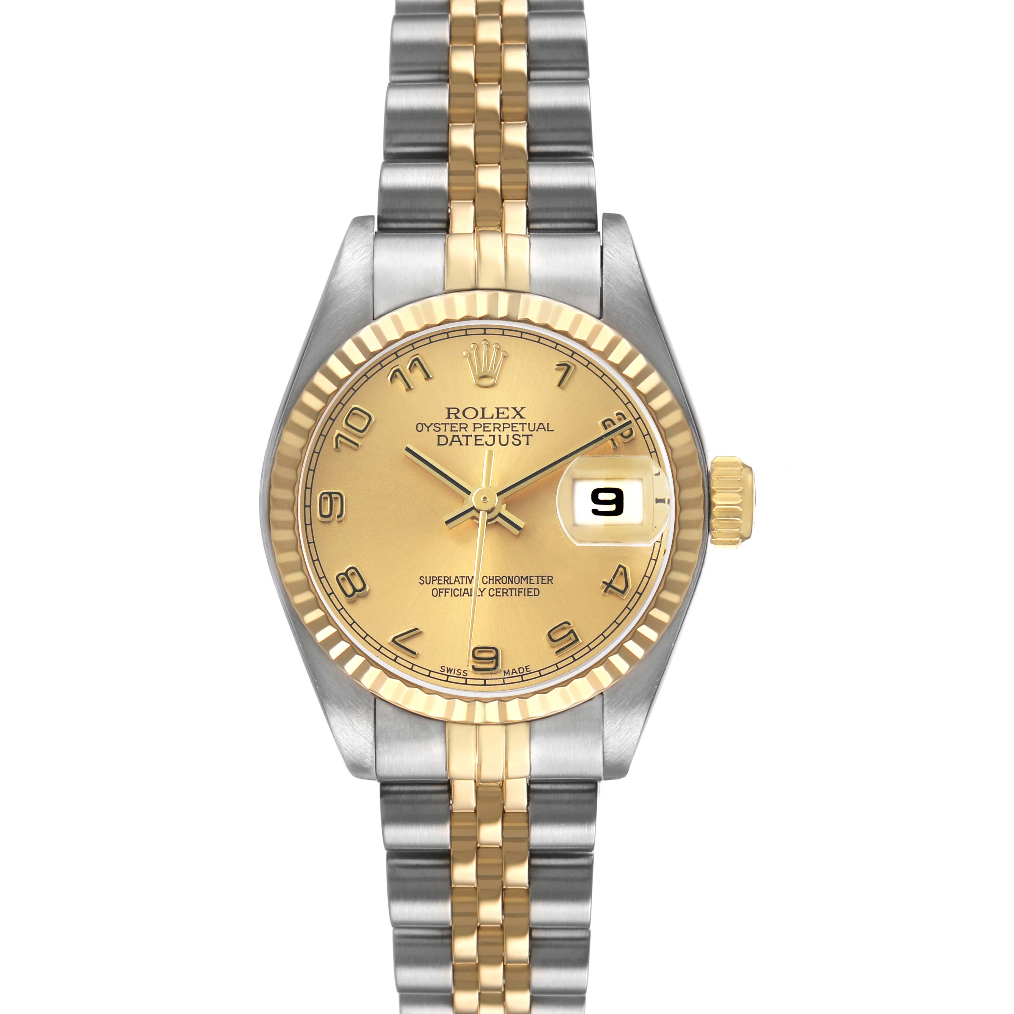 The Rolex Datejust 79173 Women's Stainless Steel Champagne Dial watch is shown from a front angle, highlighting its gold and silver dial, hour markers, and two-tone bracelet.
