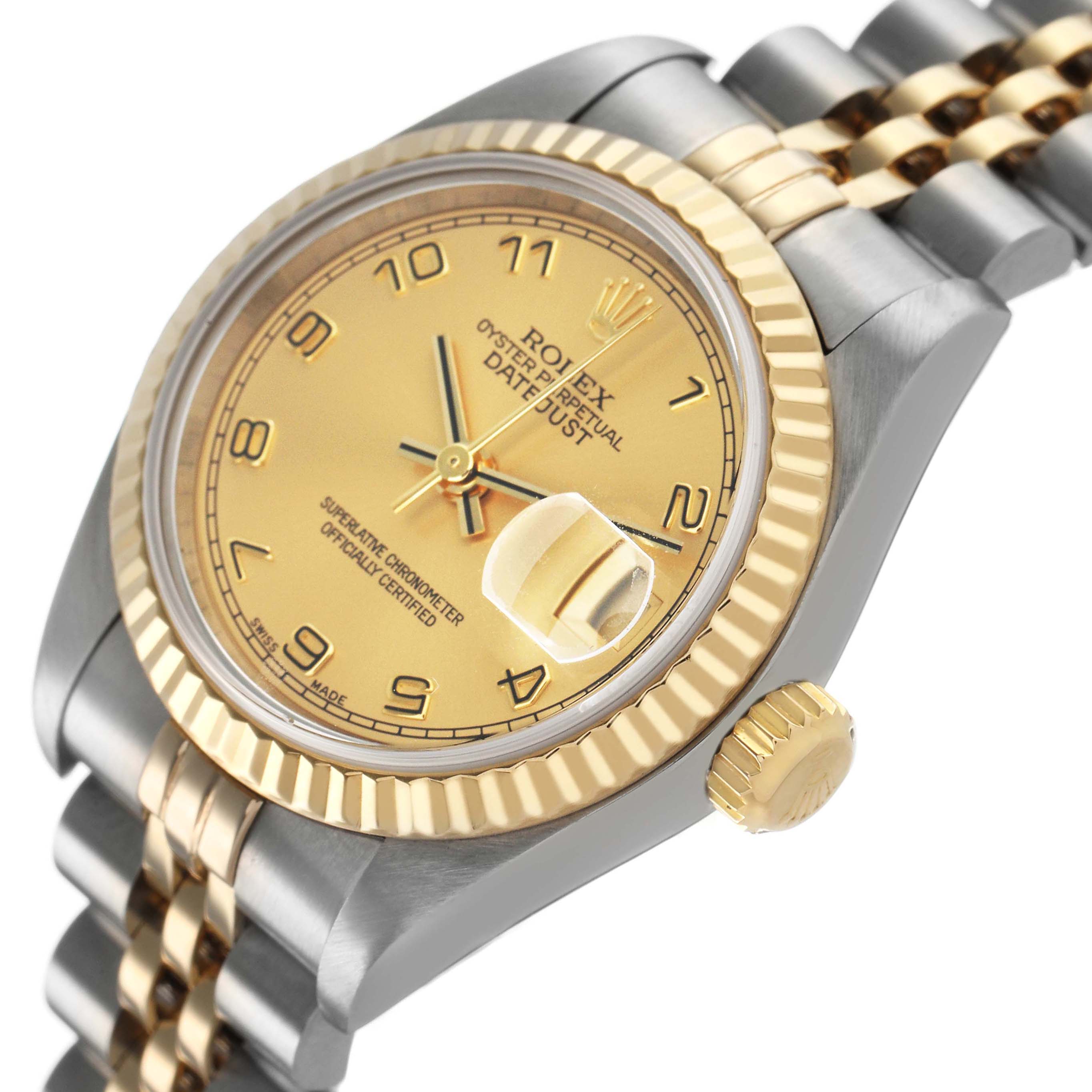 The Rolex Datejust 79173 Women's Stainless Steel Champagne Dial watch is shown from a slightly angled side view, highlighting the gold dial, fluted bezel, crown, and Jubilee bracelet.