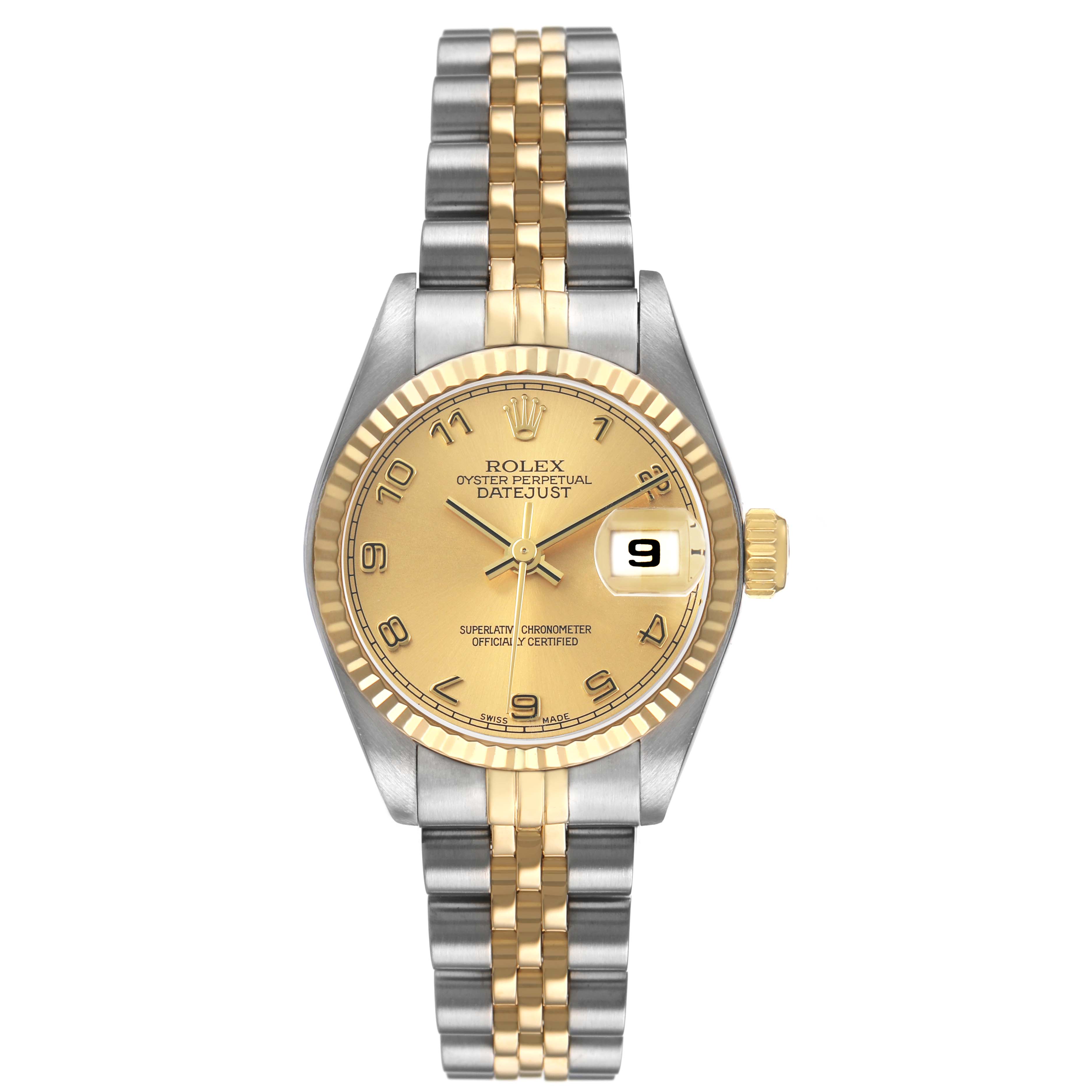 The Rolex Datejust 79173 Women's Stainless Steel Champagne Dial watch is shown from the front, highlighting its dial, bezel, and two-tone bracelet.