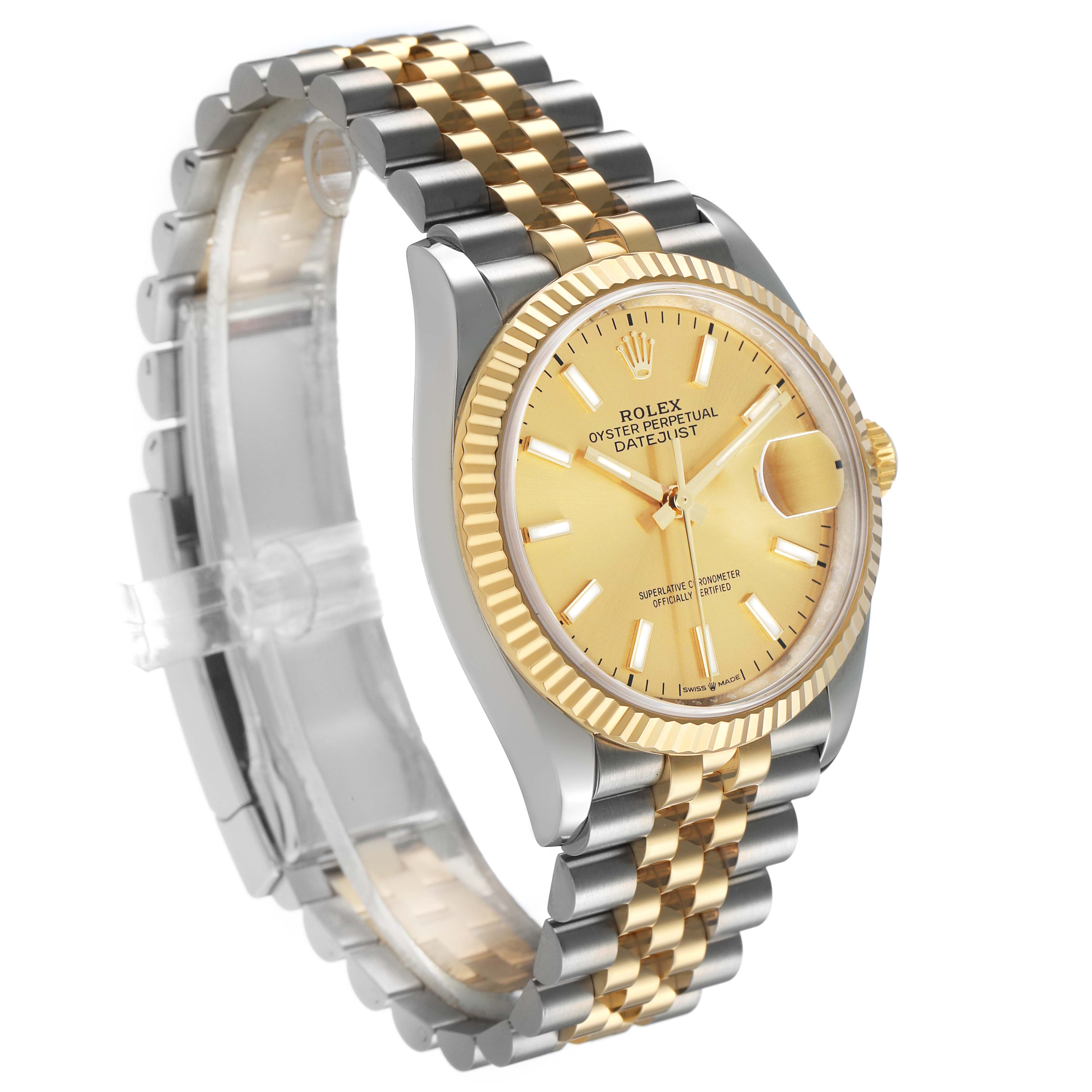 This Rolex Datejust 126233 Men's Steel and Gold (two tone) Champagne Dial watch is shown at a three-quarter angle, highlighting the case, dial, bezel, and Jubilee bracelet.