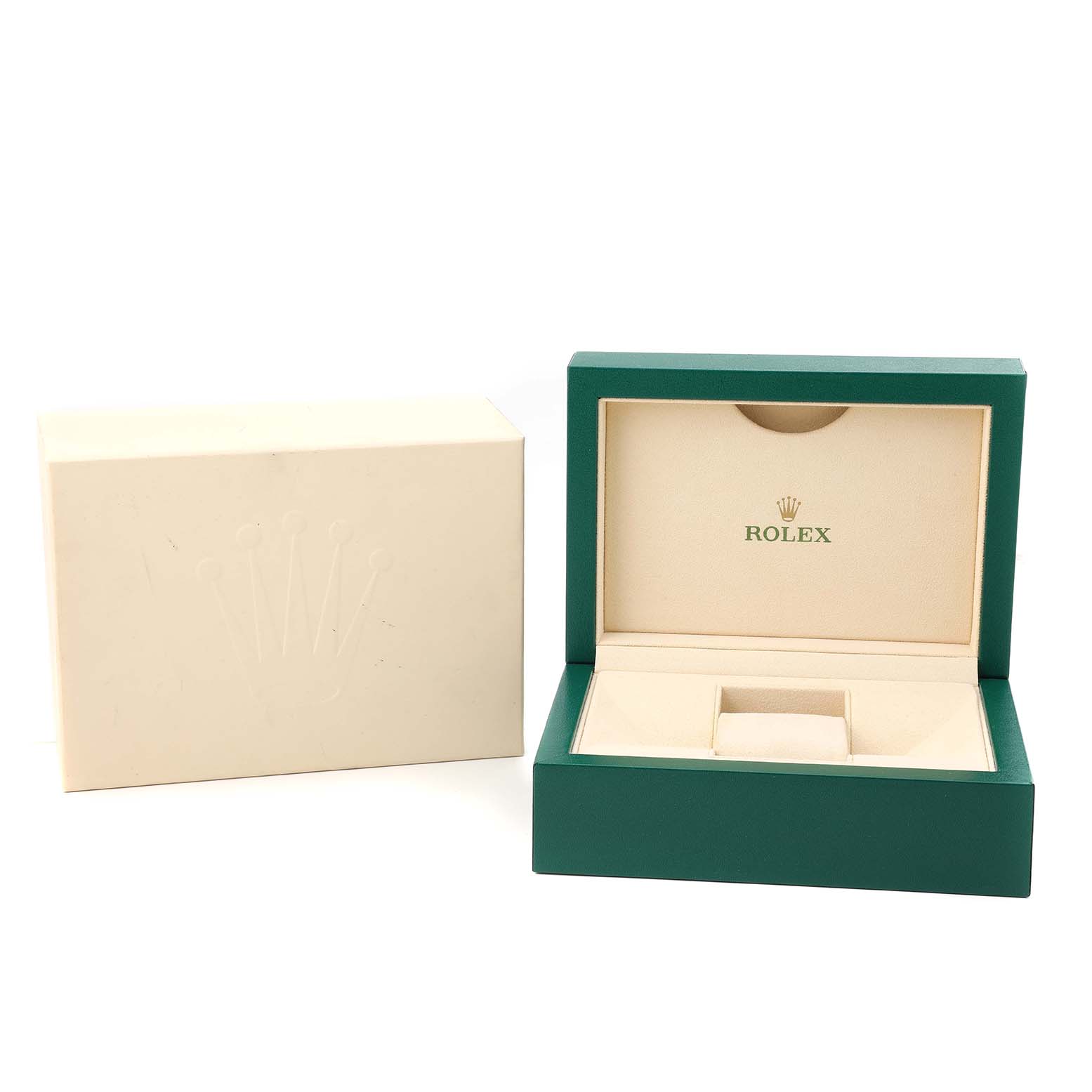 The image shows a Rolex Datejust 126233 Men's Steel and Gold (two tone) Champagne Dial watch box and its outer packaging, viewed from the front at an angle.