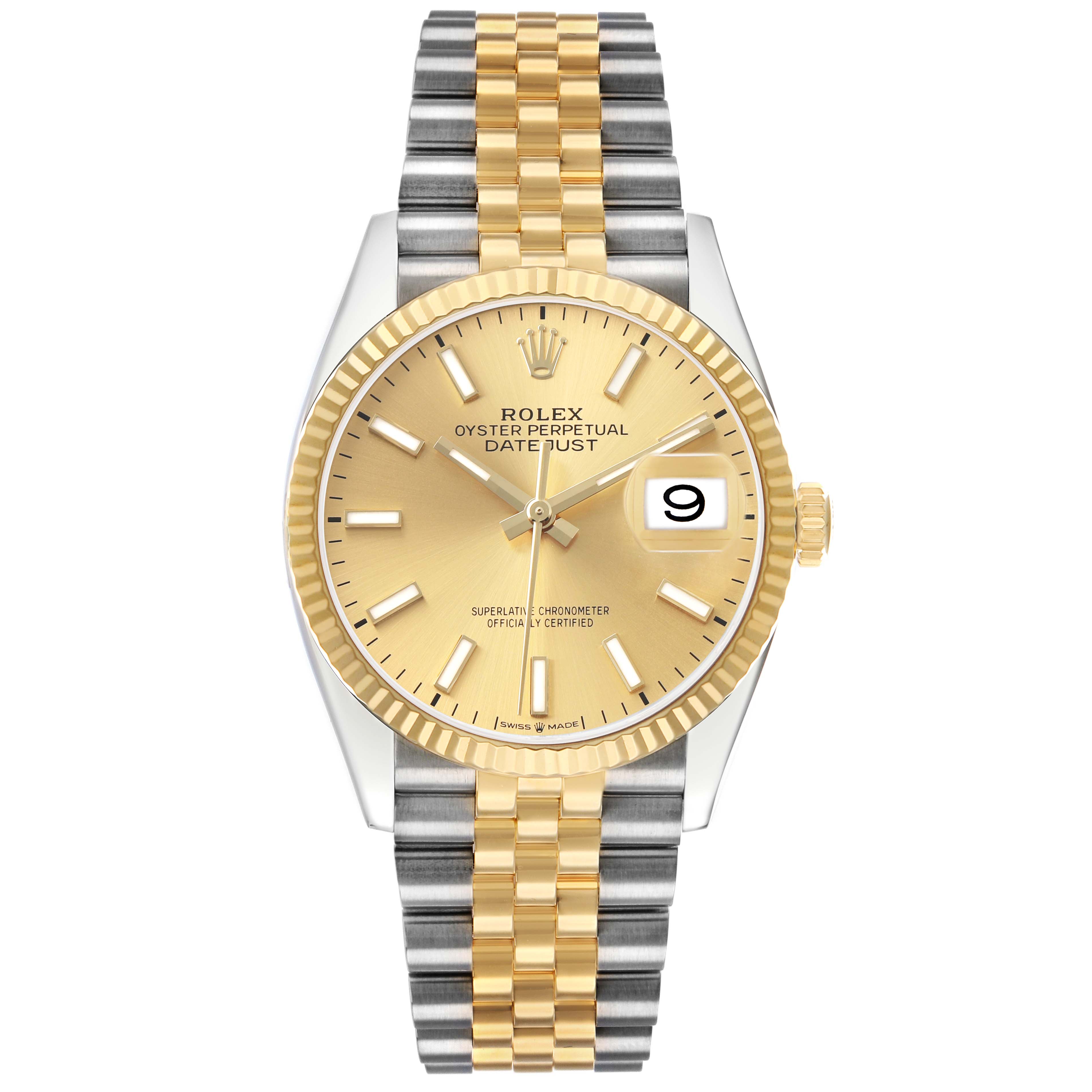The Rolex Datejust 126233 Men's Steel and Gold (two tone) Champagne Dial watch is shown from a front angle, highlighting the gold dial, fluted bezel, and two-tone jubilee bracelet.
