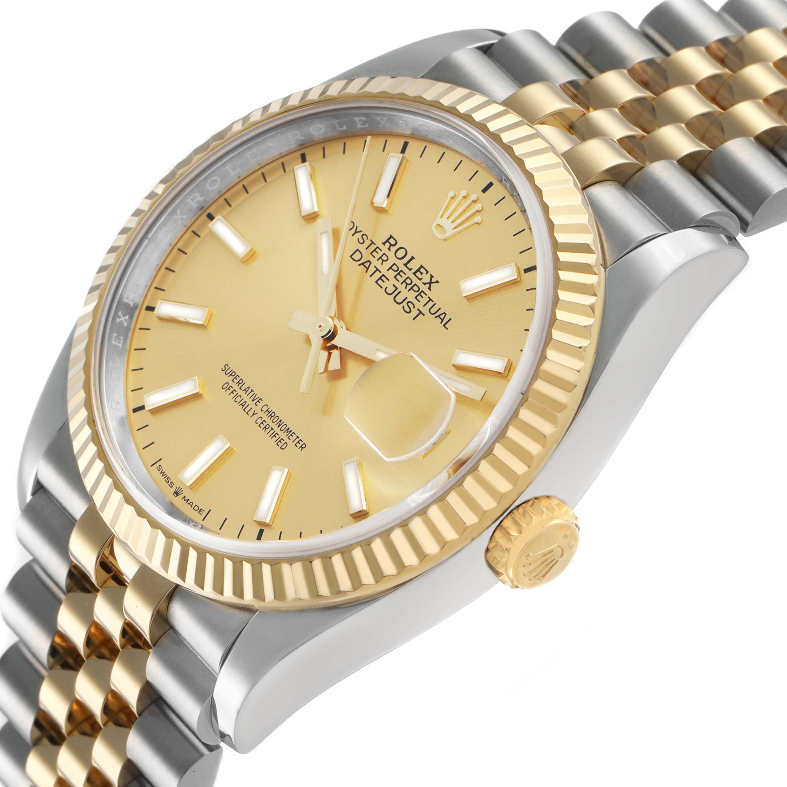 The Rolex Datejust 126233 Men's Steel and Gold (two tone) Champagne Dial watch is shown from a side angle, highlighting its bezel, crown, dial, and bracelet.