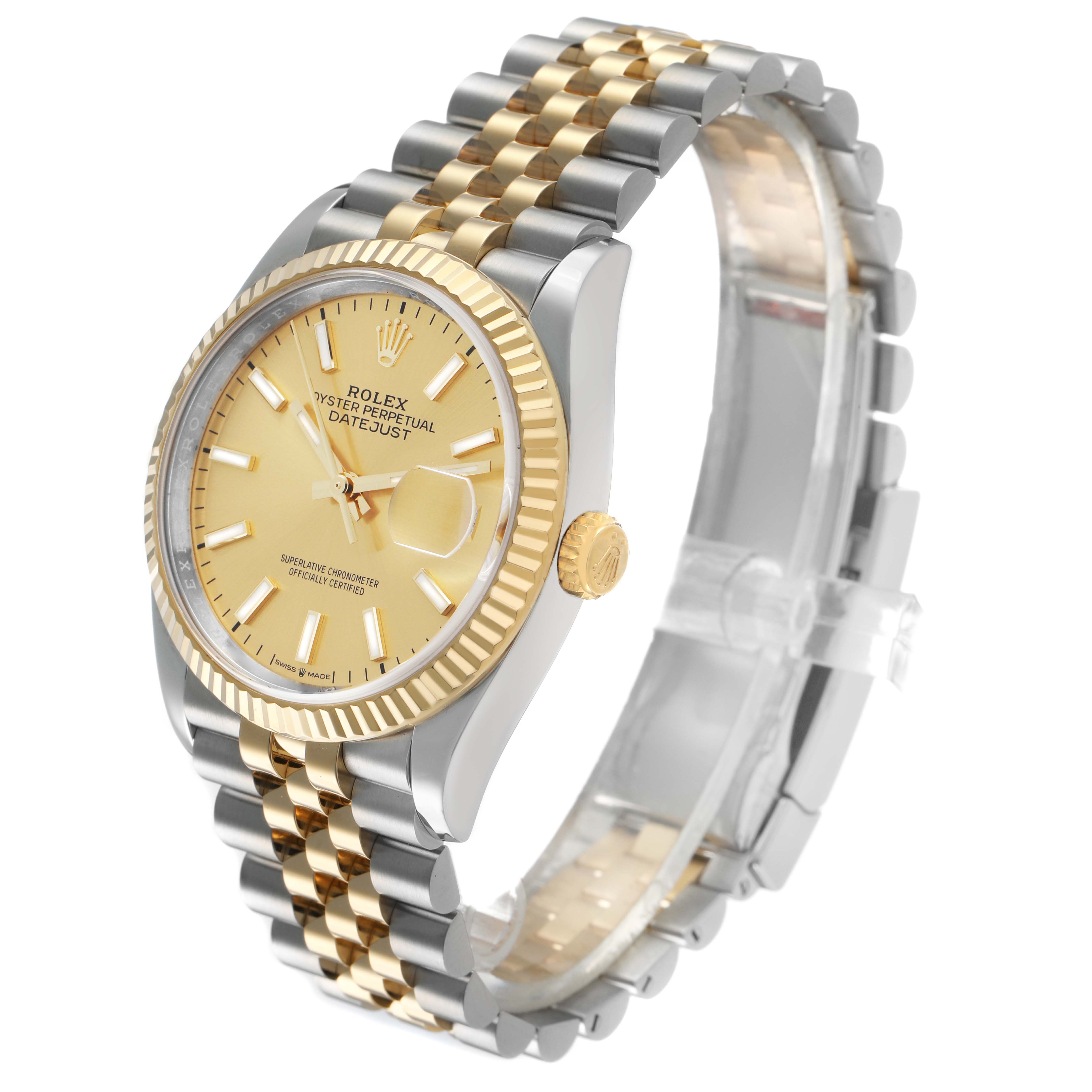 The Rolex Datejust 126233 Men's Steel and Gold (two tone) Champagne Dial watch is shown at a slight angle, displaying the case, bezel, crown, dial, and two-tone bracelet.