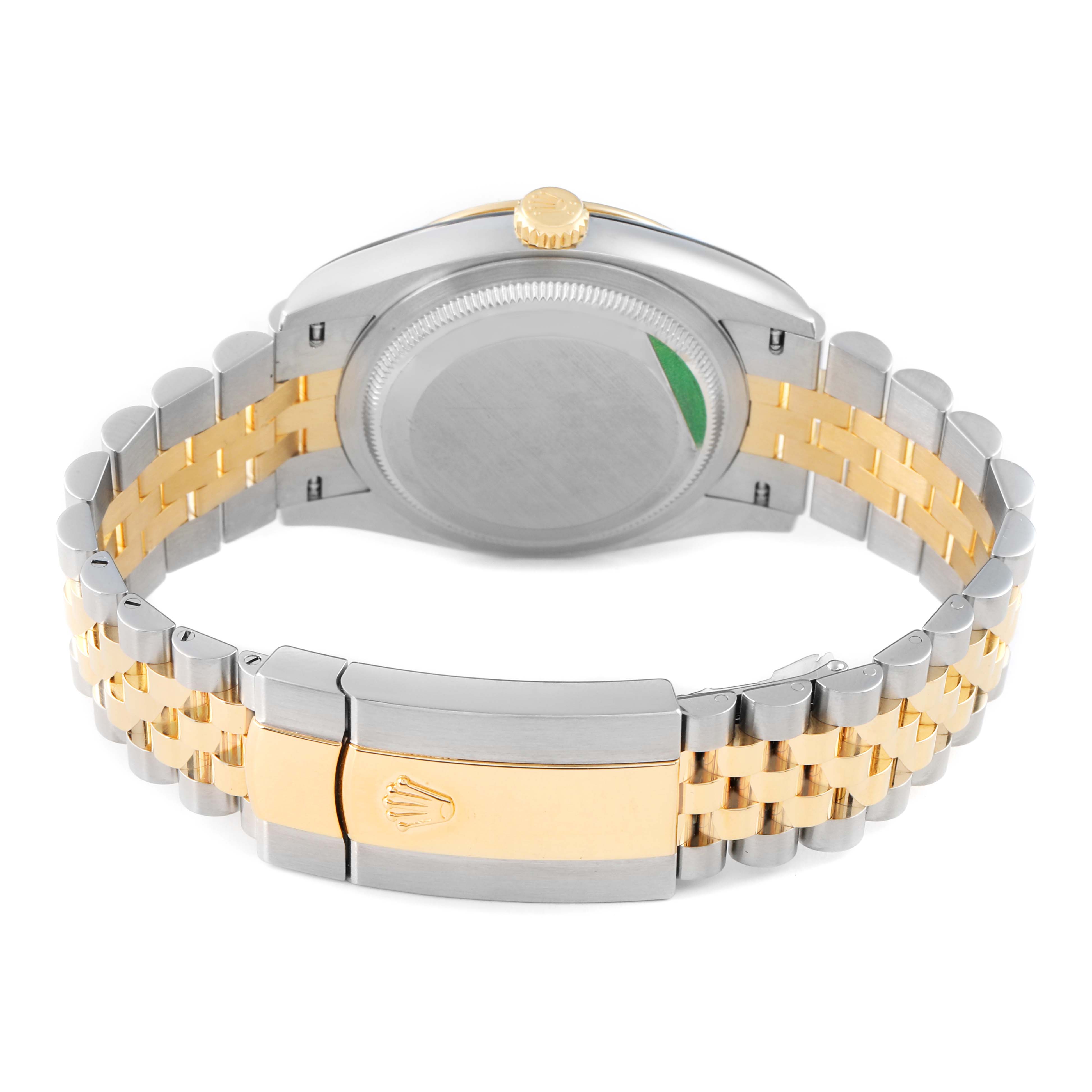 The image shows the back of a Rolex Datejust 126233 Men's Steel and Gold (two tone) Champagne Dial watch, highlighting the clasp and two-tone bracelet.
