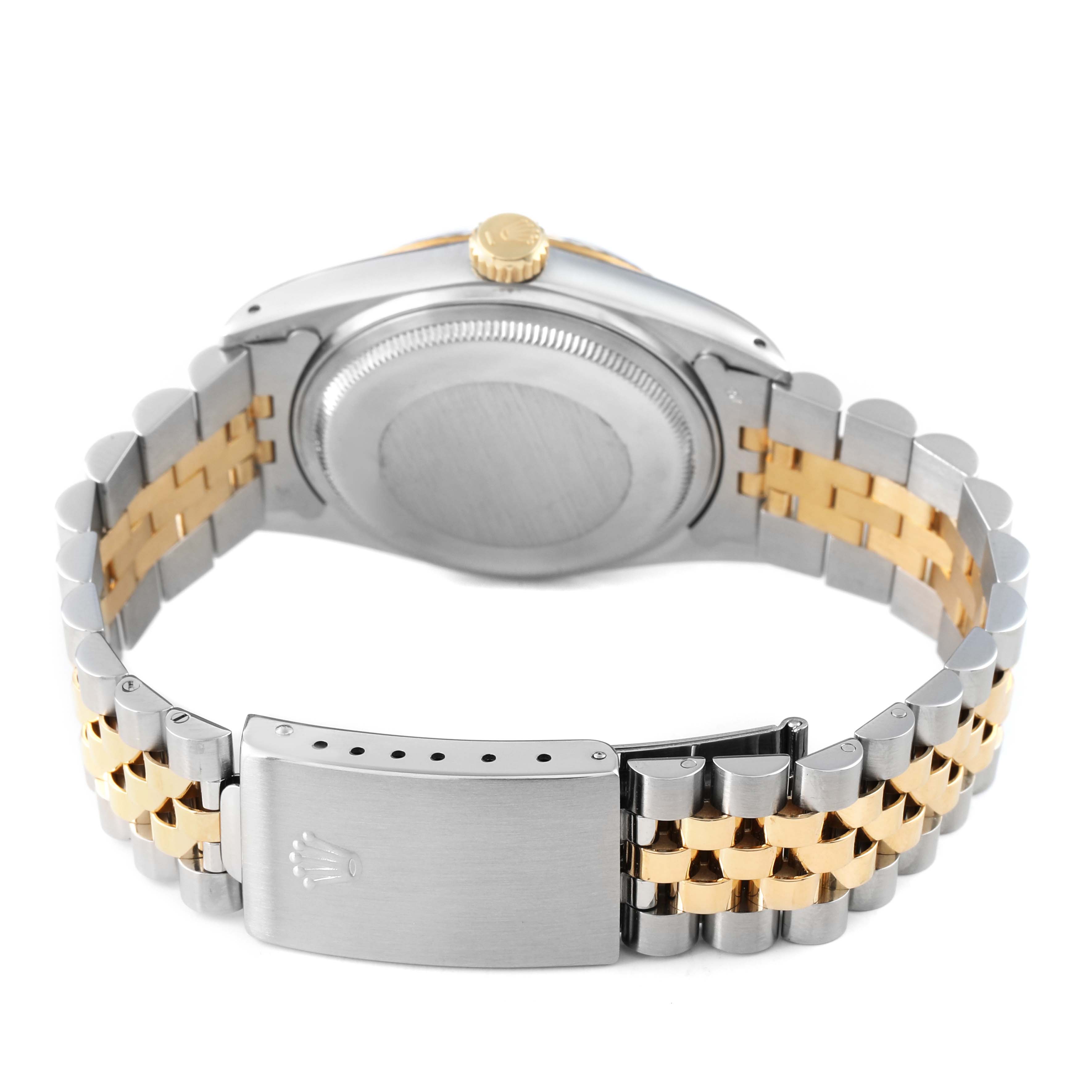 The image shows the back and clasp of a Rolex Datejust 16013 Men's Steel and Gold (two tone) Champagne Dial watch with a bi-color bracelet.