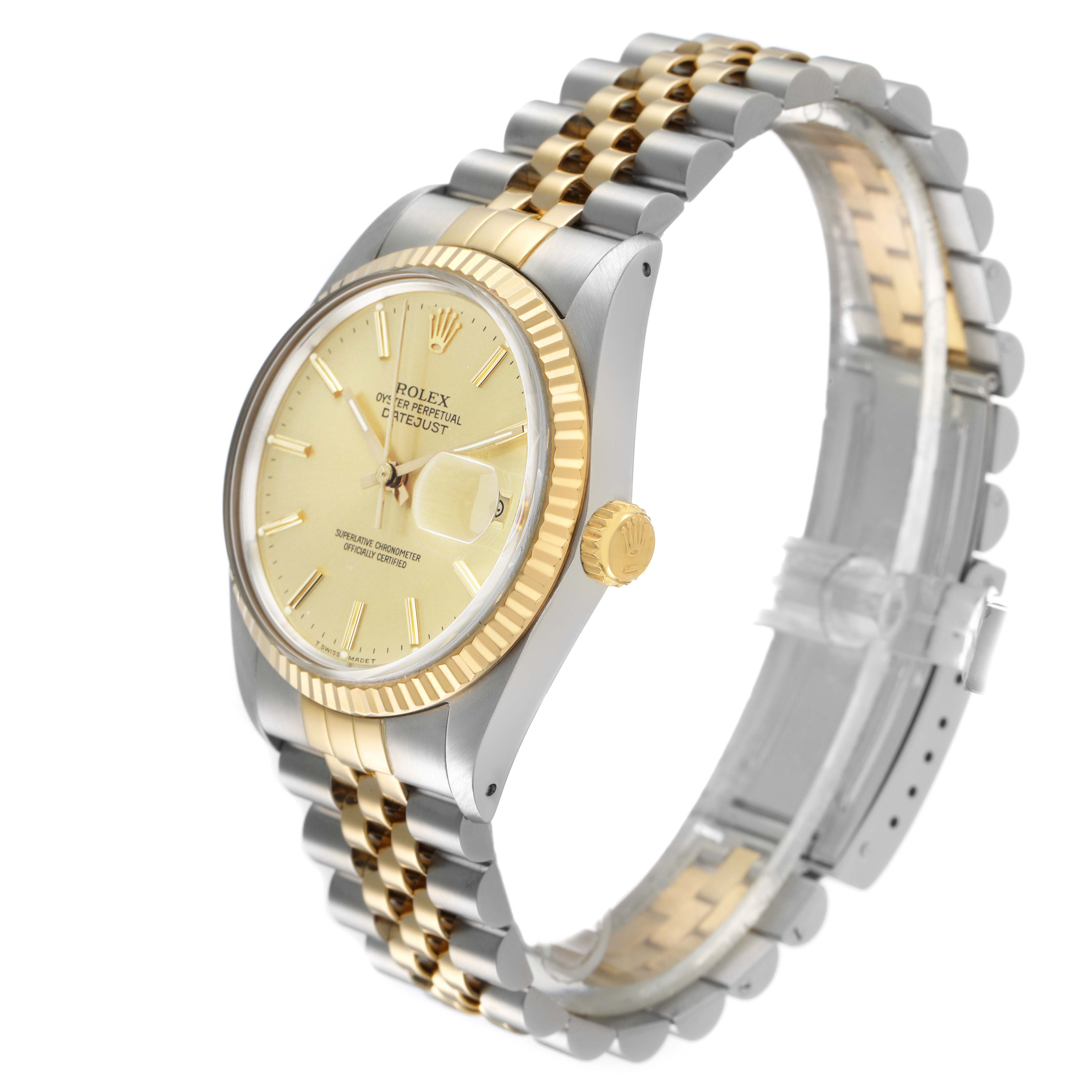 The Rolex Datejust 16013 Men's Steel and Gold (two tone) Champagne Dial watch is shown at an oblique angle, highlighting the dial, bezel, crown, and jubilee bracelet.