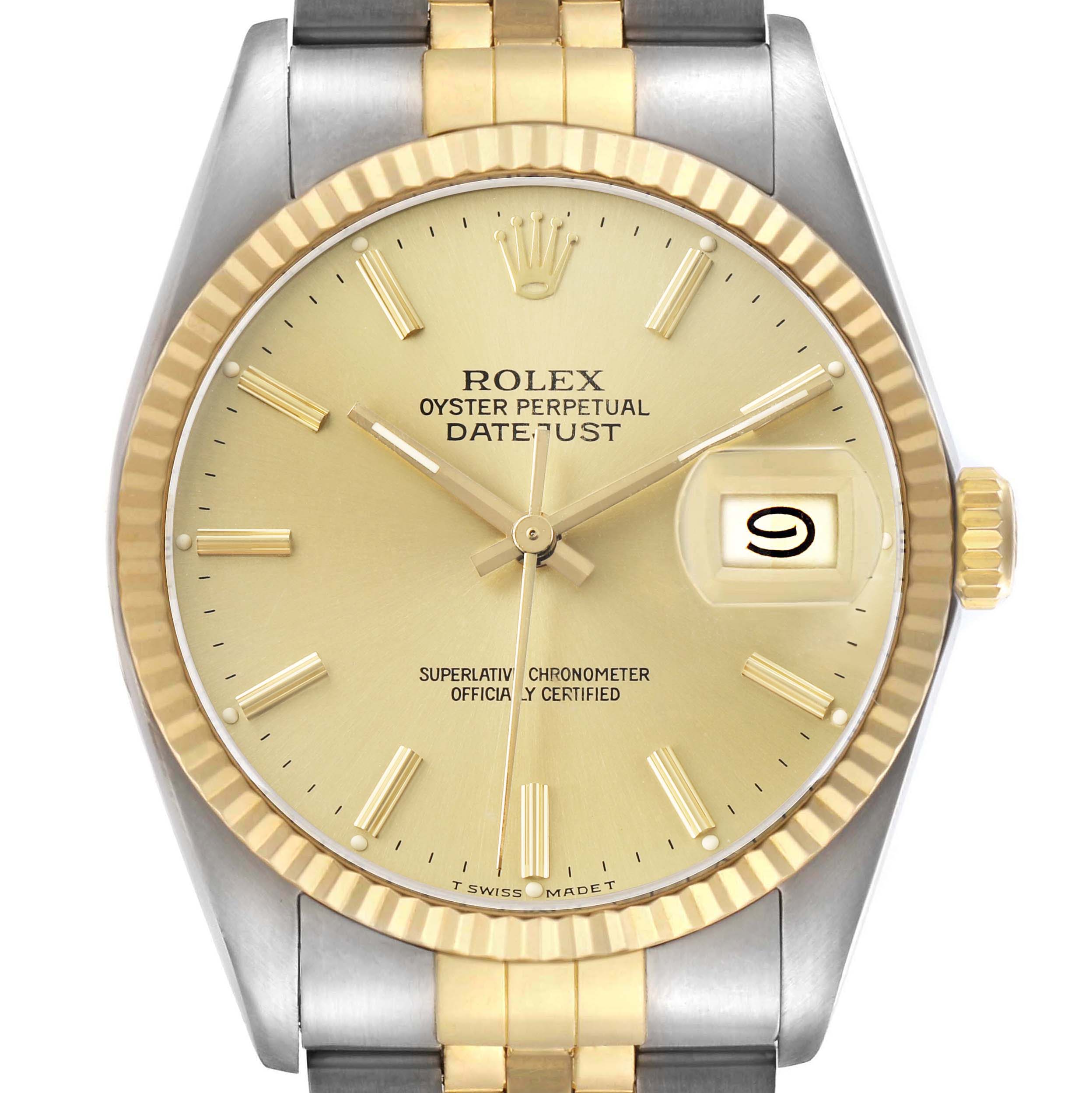 The image shows a front view of the Rolex Datejust 16013 Men's Steel and Gold (two tone) Champagne Dial watch, highlighting the dial, bezel, and part of the bracelet.