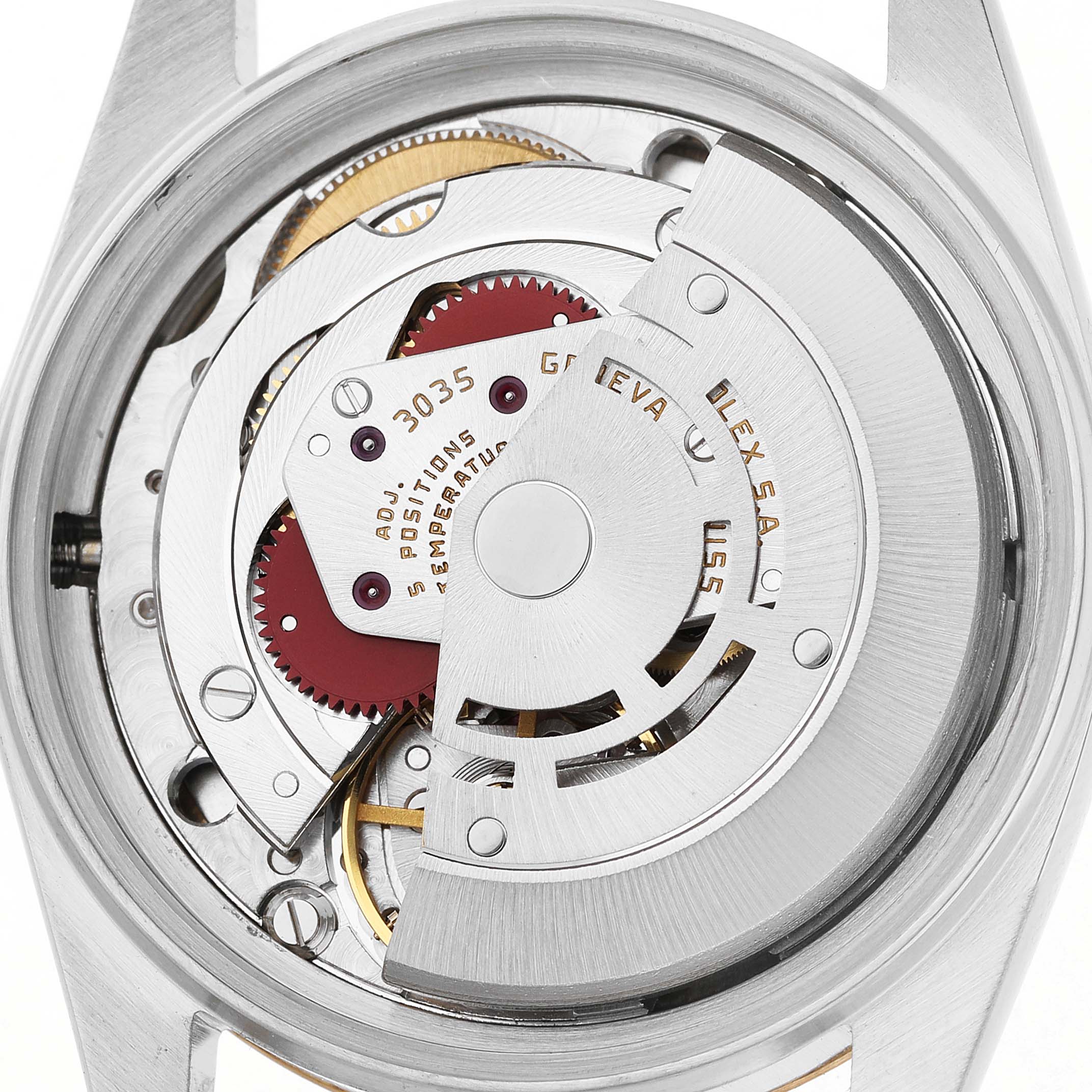 The image shows the back view of the Rolex Datejust 16013 Men's Steel and Gold (two tone) Champagne Dial, highlighting its internal movement components.