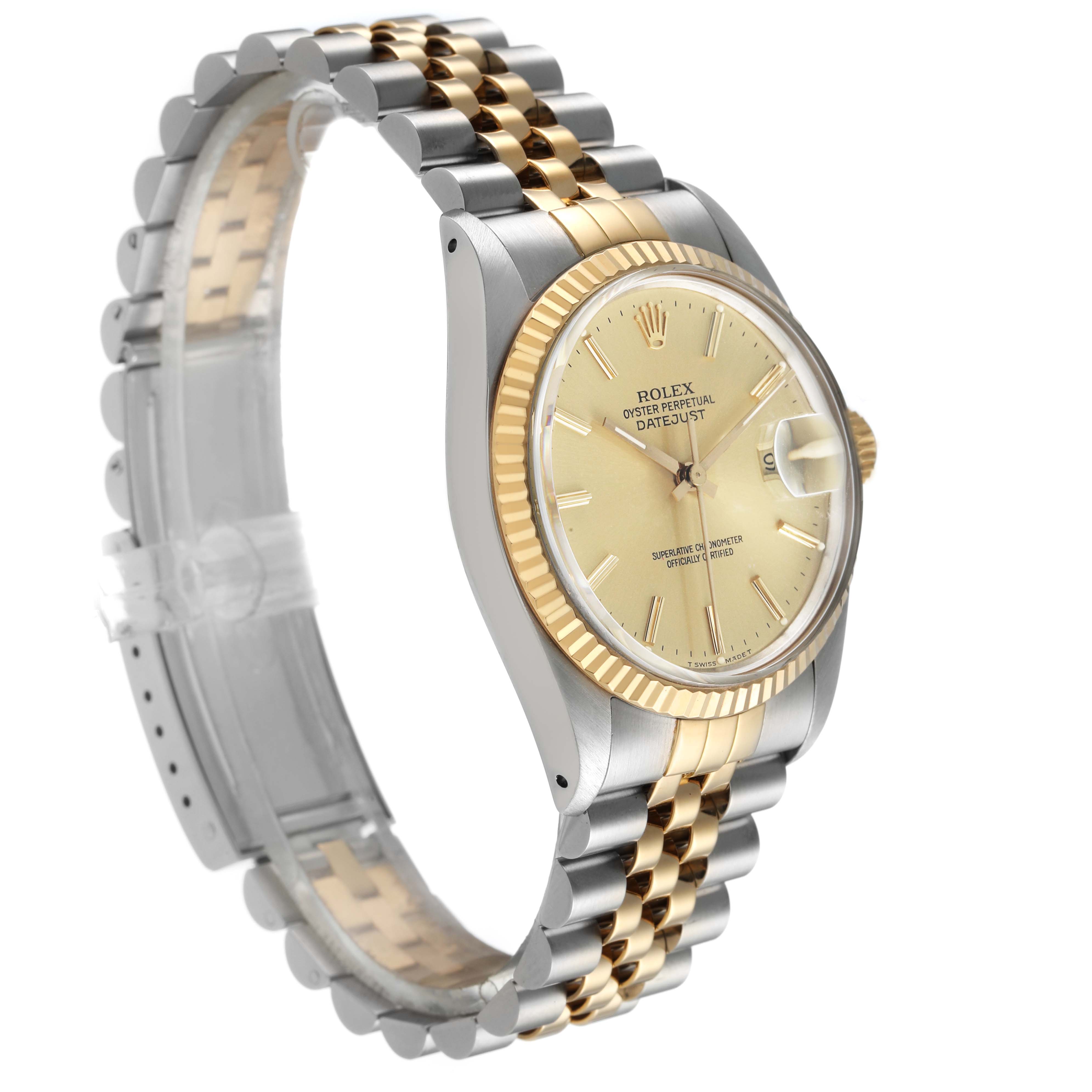 The Rolex Datejust 16013 Men's Steel and Gold (two tone) Champagne Dial watch is shown at a three-quarter angle, highlighting the gold and silver Jubilee bracelet and fluted bezel.