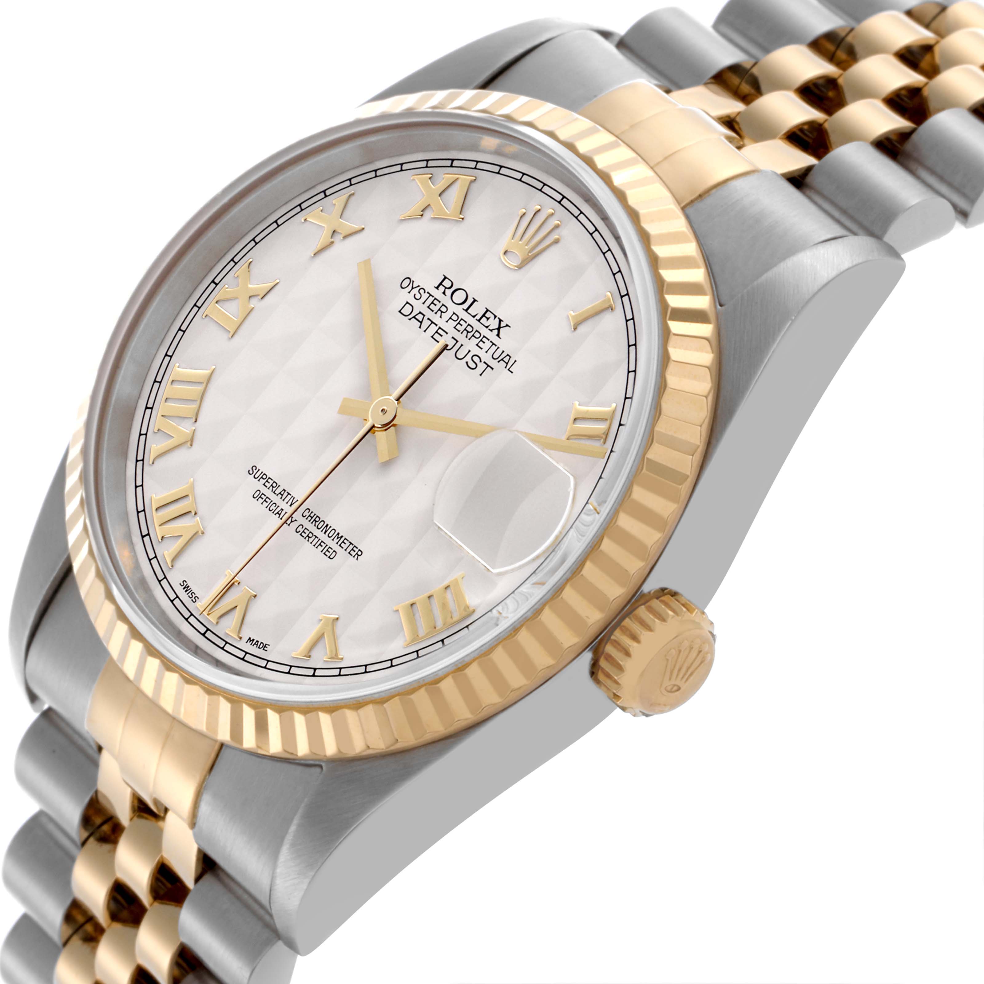 The Rolex Datejust 16233 Men's Steel and Gold (two tone) Silver Dial 16233 Men's Steel and Gold (two tone) Silver Dial watch is shown at an angled side view, highlighting the dial, bezel, crown, and bracelet.