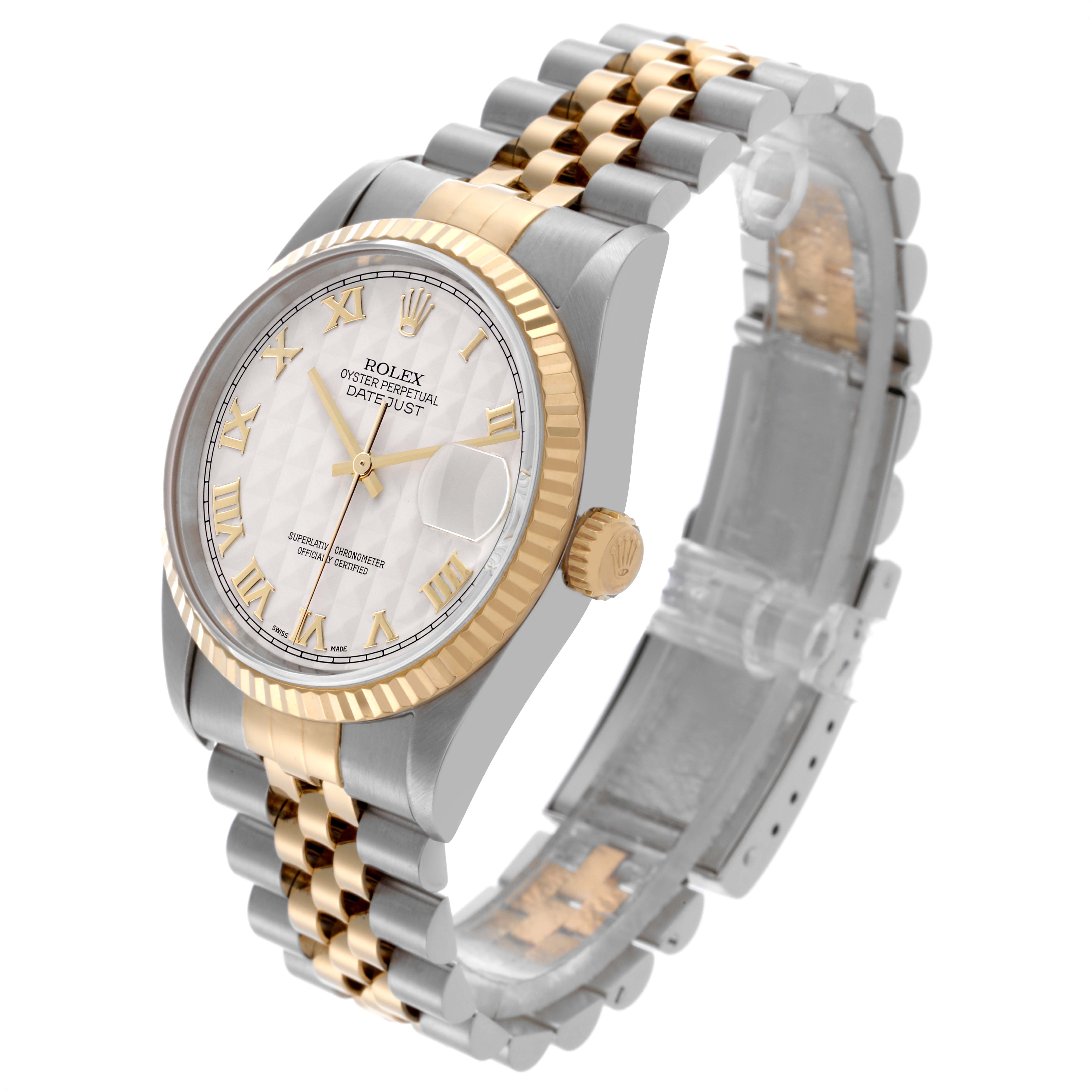 The Rolex Datejust 16233 Men's Steel and Gold (two tone) Silver Dial 16233 Men's Steel and Gold (two tone) Silver Dial watch is shown at a three-quarter angle, displaying the face, bezel, and bracelet.