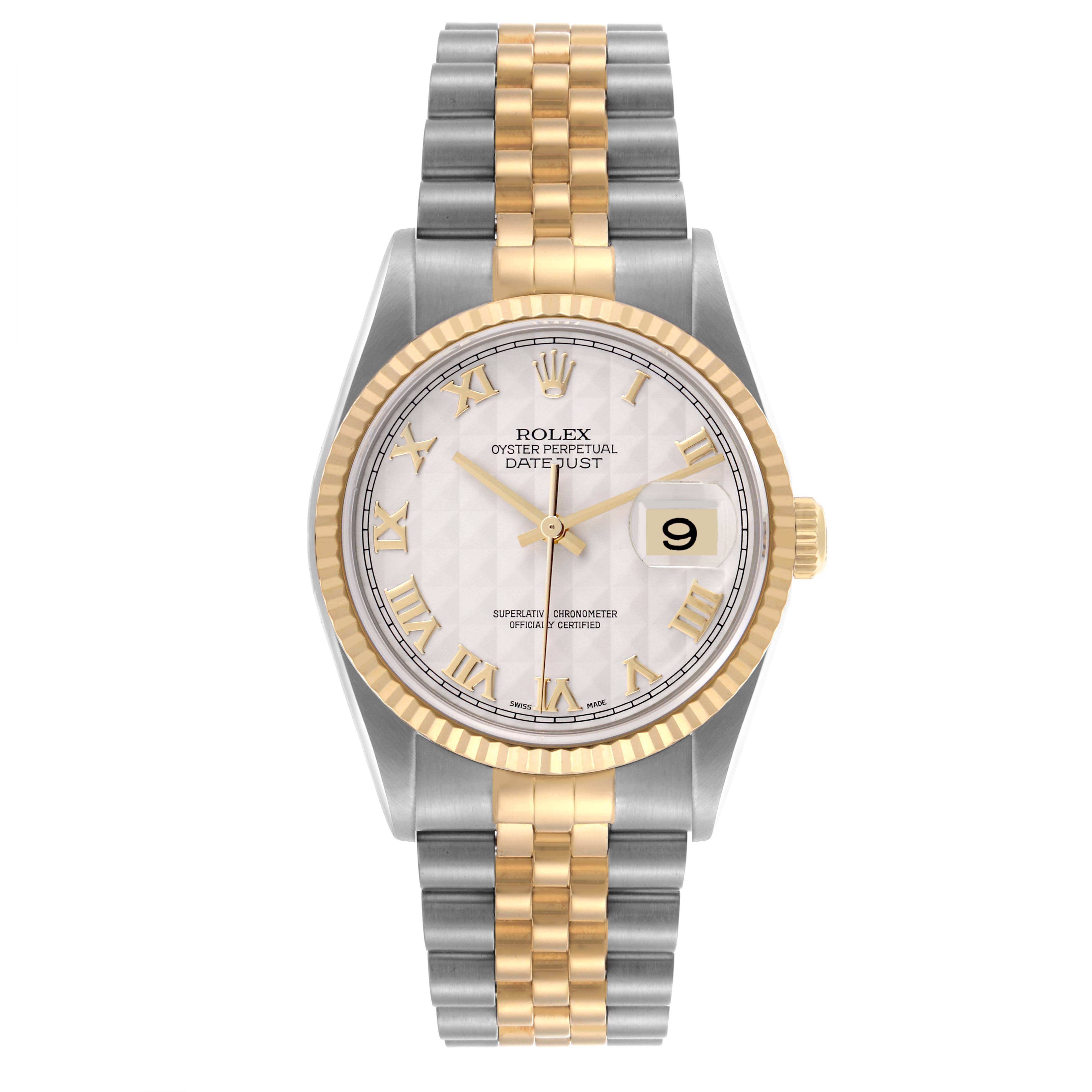 The Rolex Datejust 16233 Men's Steel and Gold (two tone) Silver Dial 16233 Men's Steel and Gold (two tone) Silver Dial watch is shown from a top-down angle, displaying the face, hands, bezel, case, and bracelet.