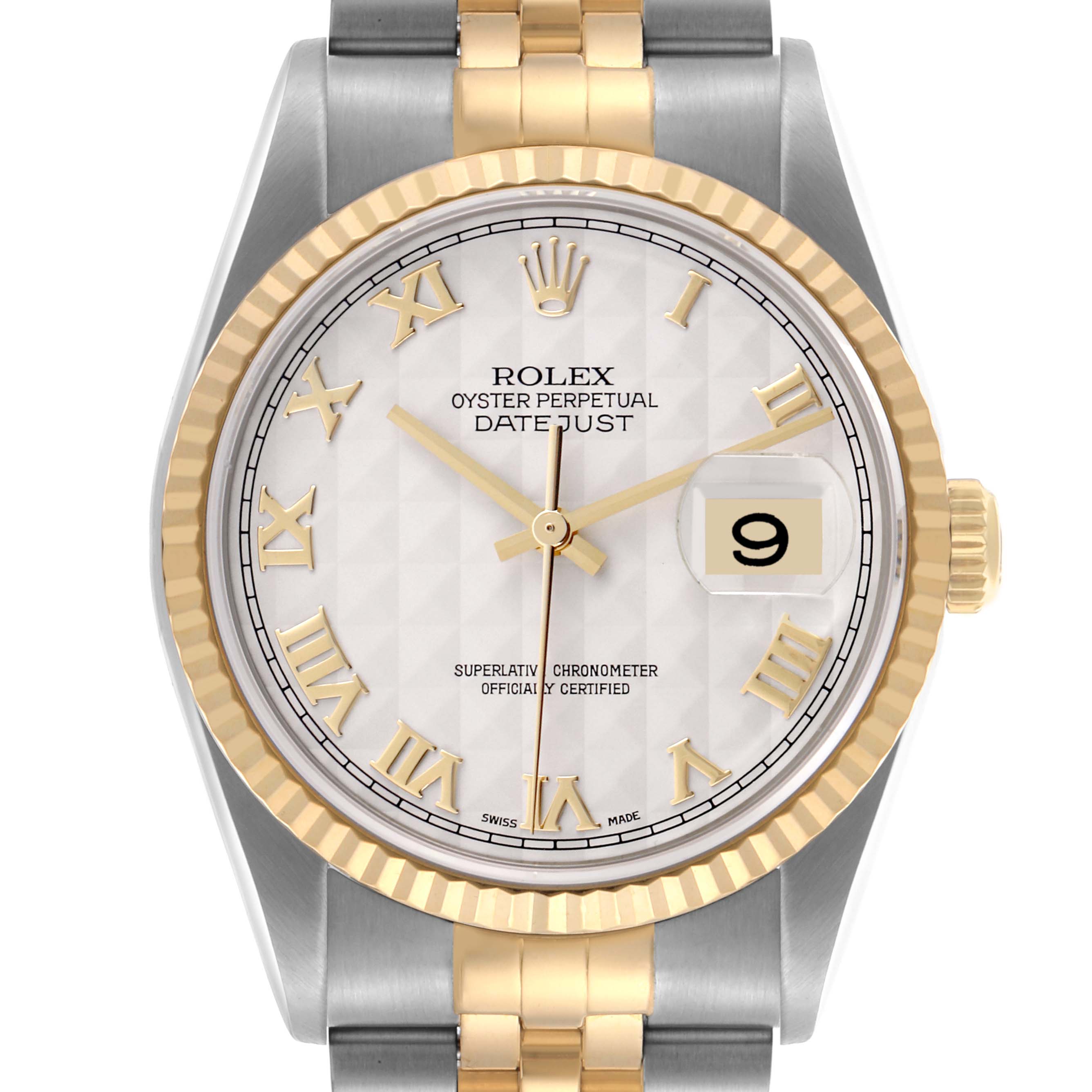 The Rolex Datejust 16233 Men's Steel and Gold (two tone) Silver Dial 16233 Men's Steel and Gold (two tone) Silver Dial watch is shown from a front angle displaying the dial, fluted bezel, and two-tone bracelet.