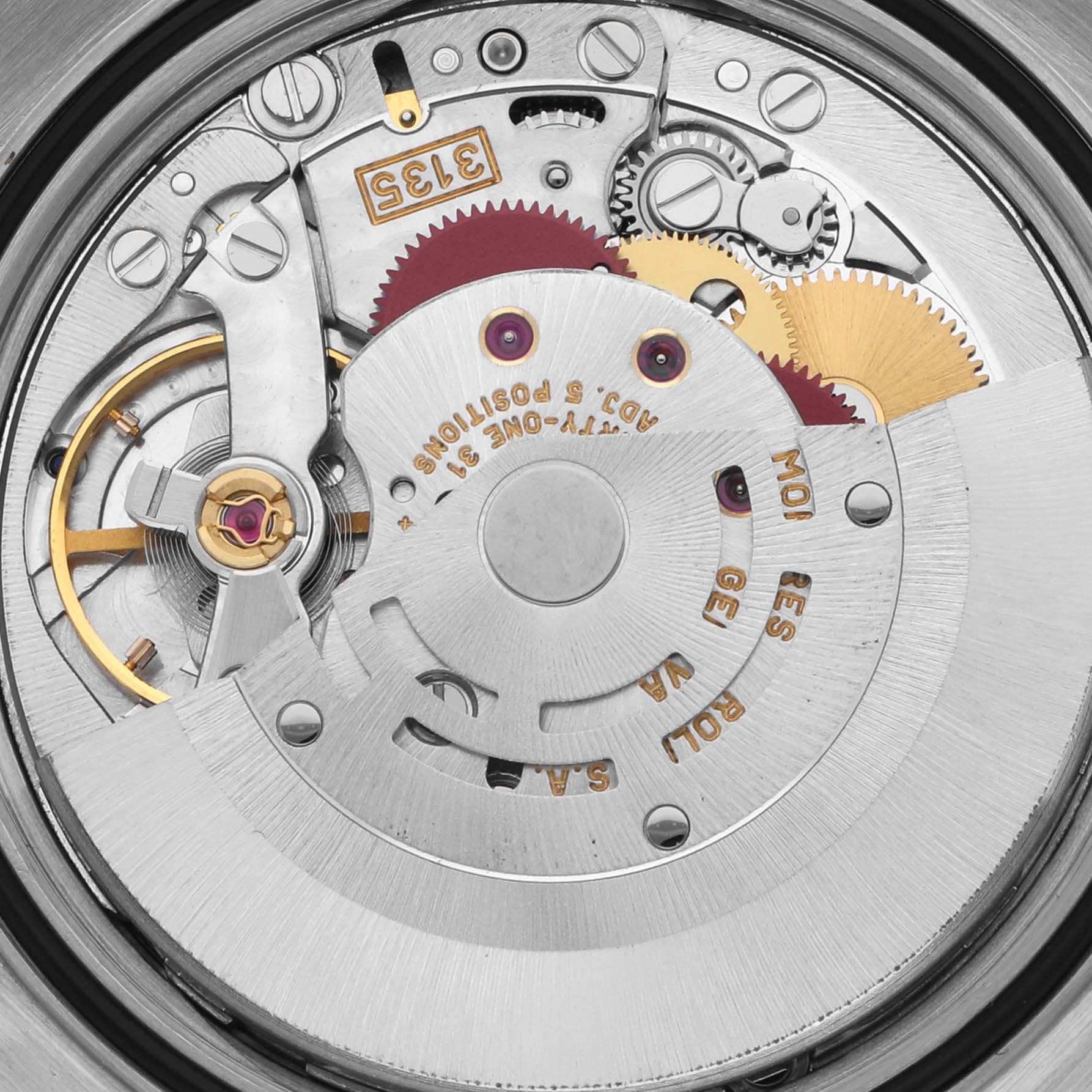 The image shows the intricate internal mechanism of a Rolex Datejust 16233 Men's Steel and Gold (two tone) Silver Dial 16233 Men's Steel and Gold (two tone) Silver Dial watch, viewed from a top-down angle.