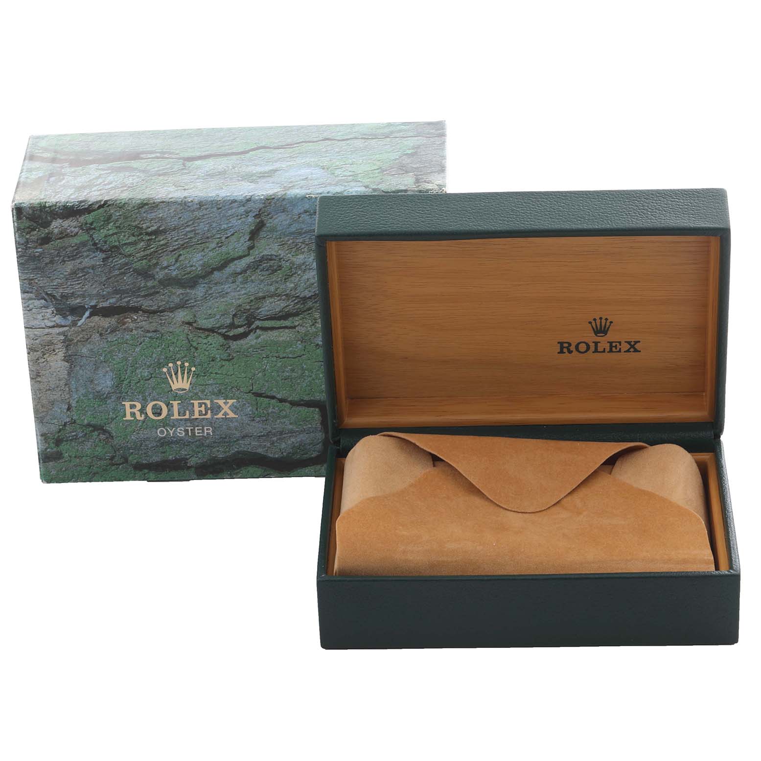 The image shows a Rolex Datejust 16233 Men's Steel and Gold (two tone) Silver Dial 16233 Men's Steel and Gold (two tone) Silver Dial watch box, partially open with a brown pouch inside, alongside its outer packaging.