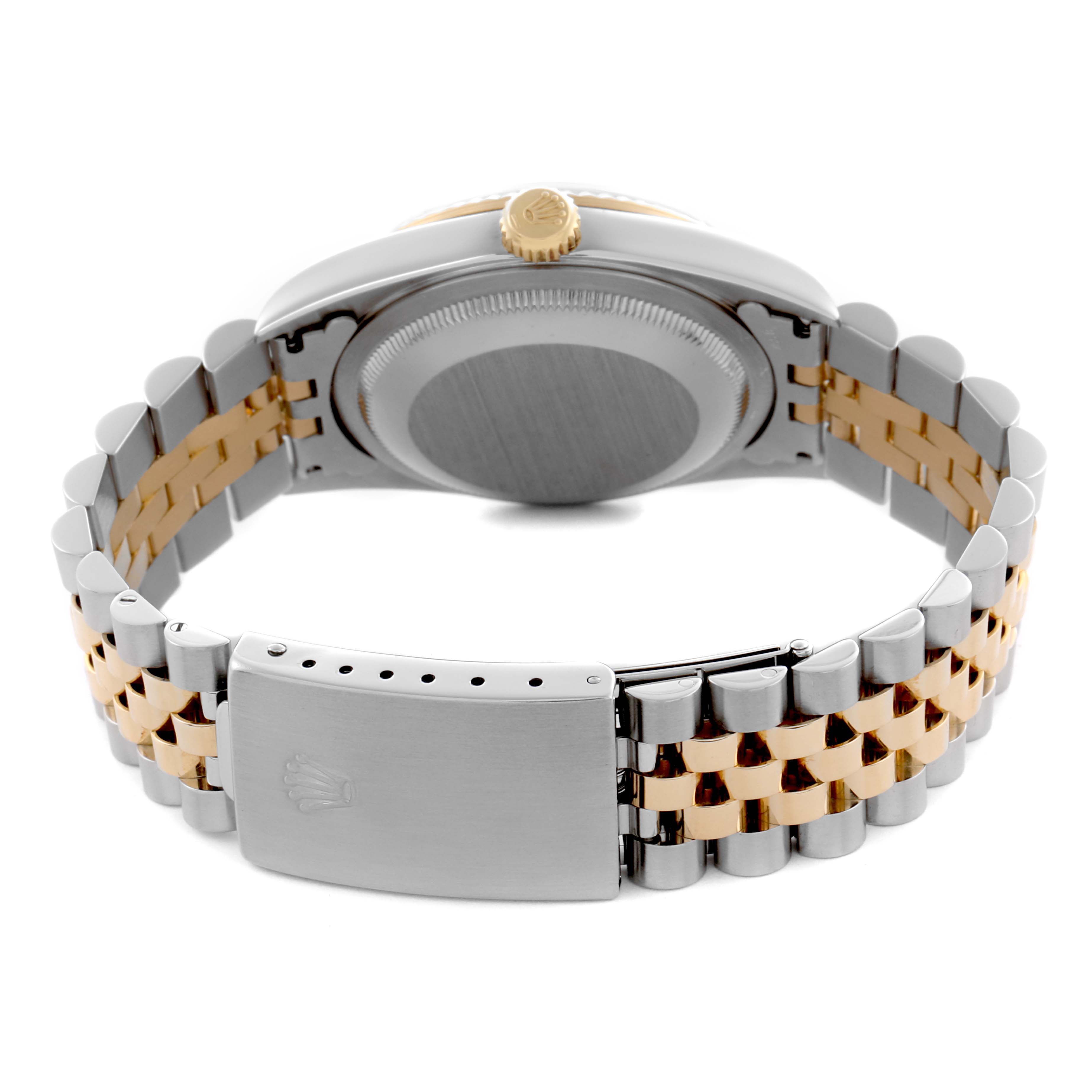 The Rolex Datejust 16233 Men's Steel and Gold (two tone) Silver Dial 16233 Men's Steel and Gold (two tone) Silver Dial watch is seen from the back, showcasing the closed case and two-tone bracelet.