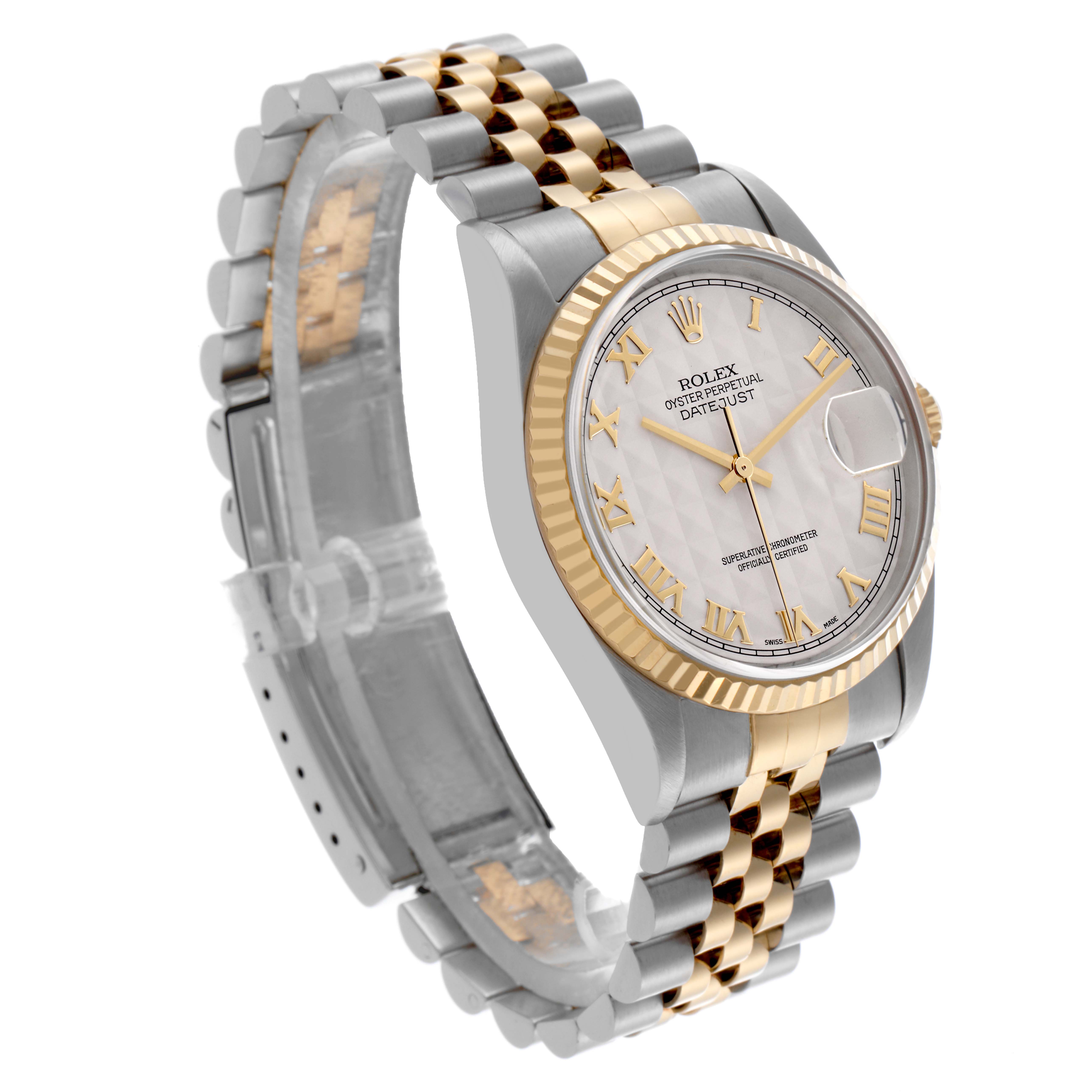 The Rolex Datejust 16233 Men's Steel and Gold (two tone) Silver Dial 16233 Men's Steel and Gold (two tone) Silver Dial watch is angled to show the face, bezel, and part of the bracelet, highlighting its two-tone design.