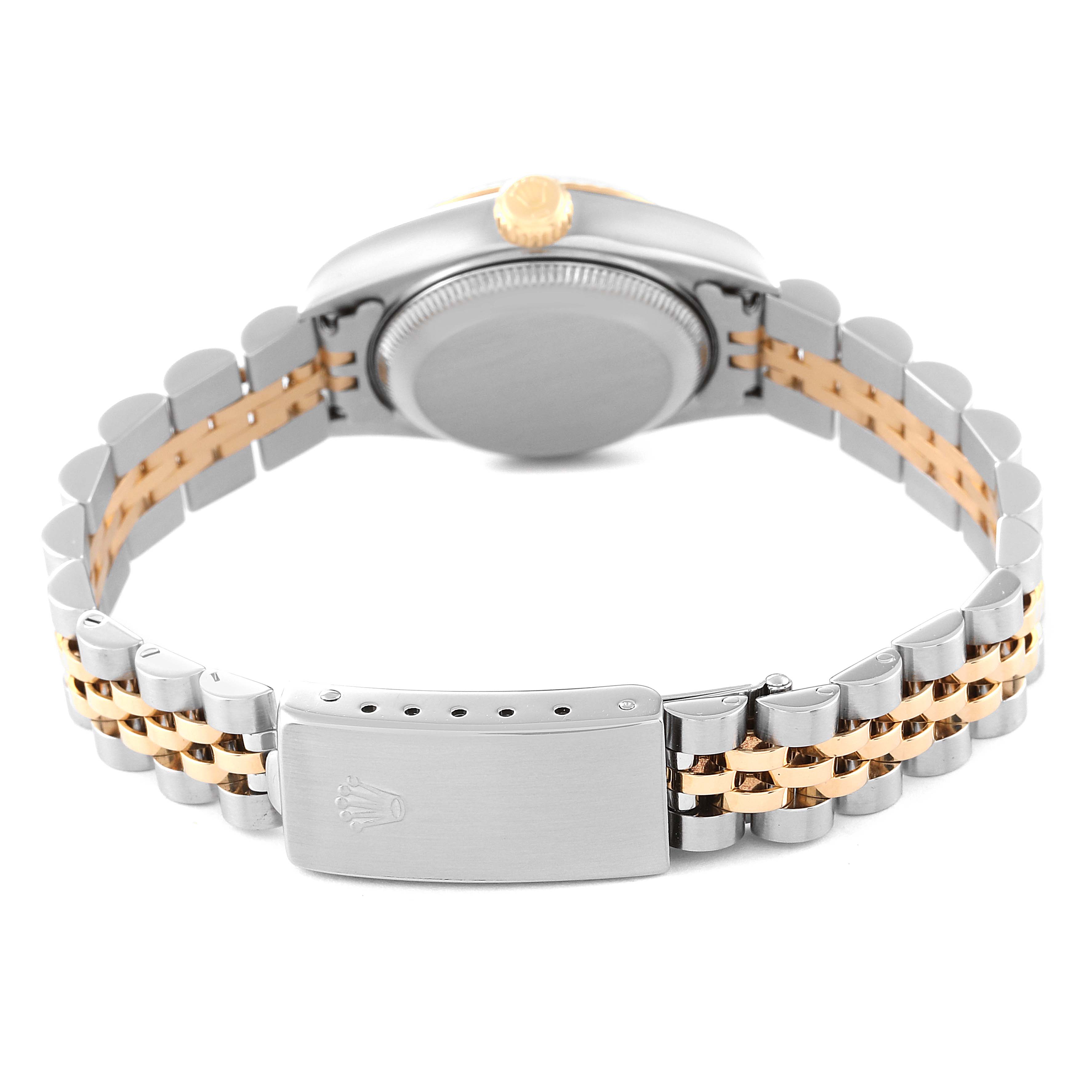 This image shows the back and bracelet of a Rolex Datejust 79173 Women's Steel and Gold (two tone) Beige Dial 79173 Women's Steel and Gold (two tone) Beige Dial watch, highlighting the clasp and two-tone metal links.