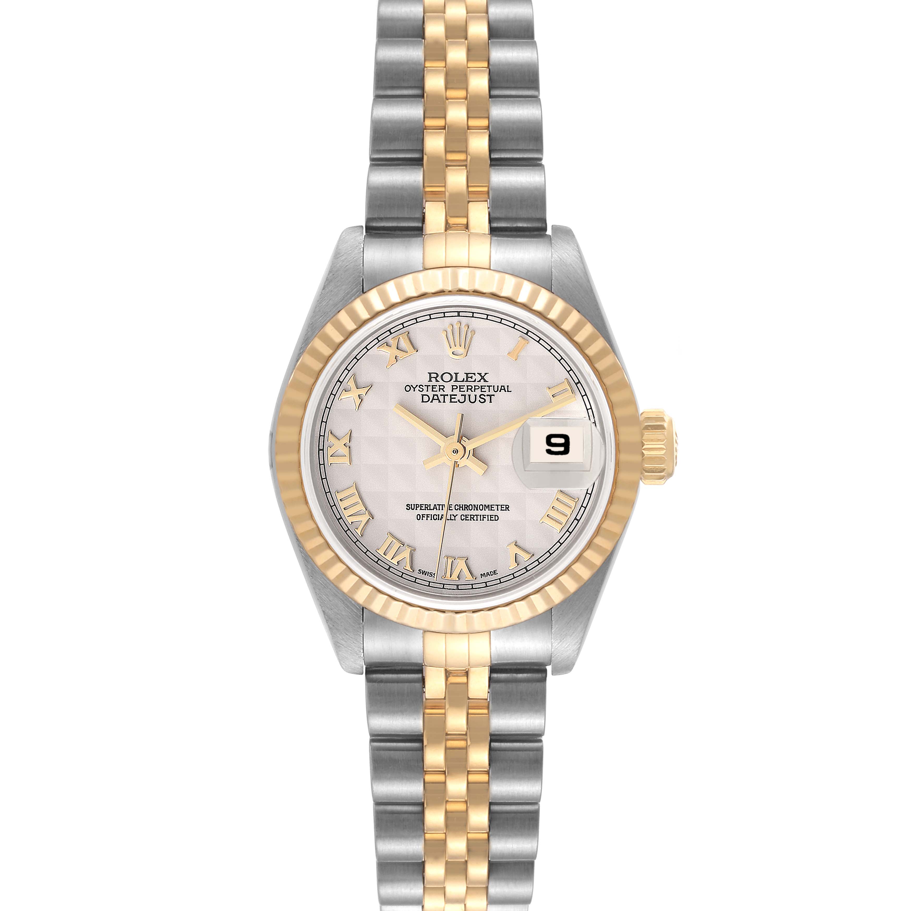 This image shows a front view of a Rolex Datejust 79173 Women's Steel and Gold (two tone) Beige Dial 79173 Women's Steel and Gold (two tone) Beige Dial watch, highlighting its dial, hands, fluted bezel, and two-tone bracelet.