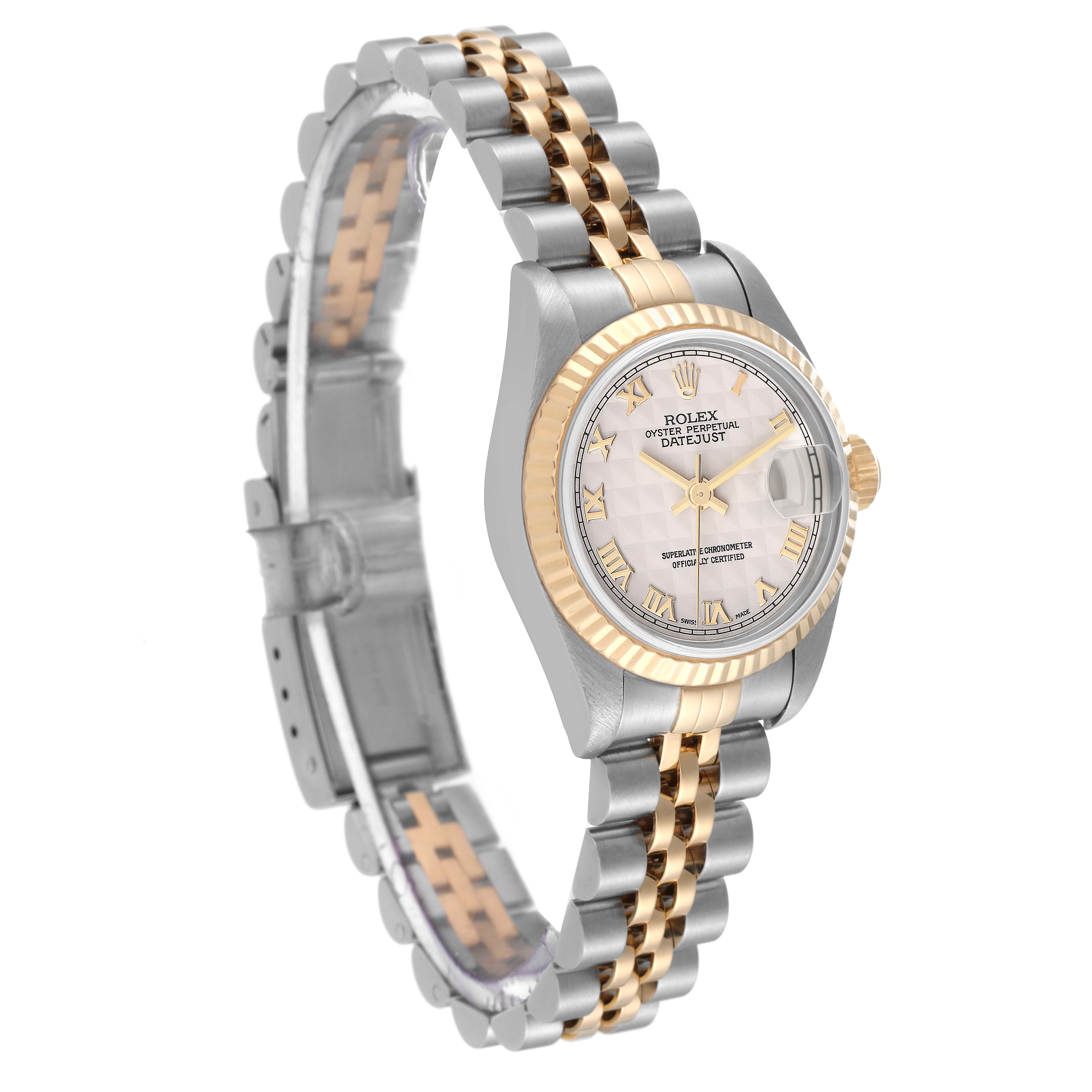 The image shows a Rolex Datejust 79173 Women's Steel and Gold (two tone) Beige Dial 79173 Women's Steel and Gold (two tone) Beige Dial watch angled from the front-left, displaying its face, two-tone bezel, and Jubilee bracelet.