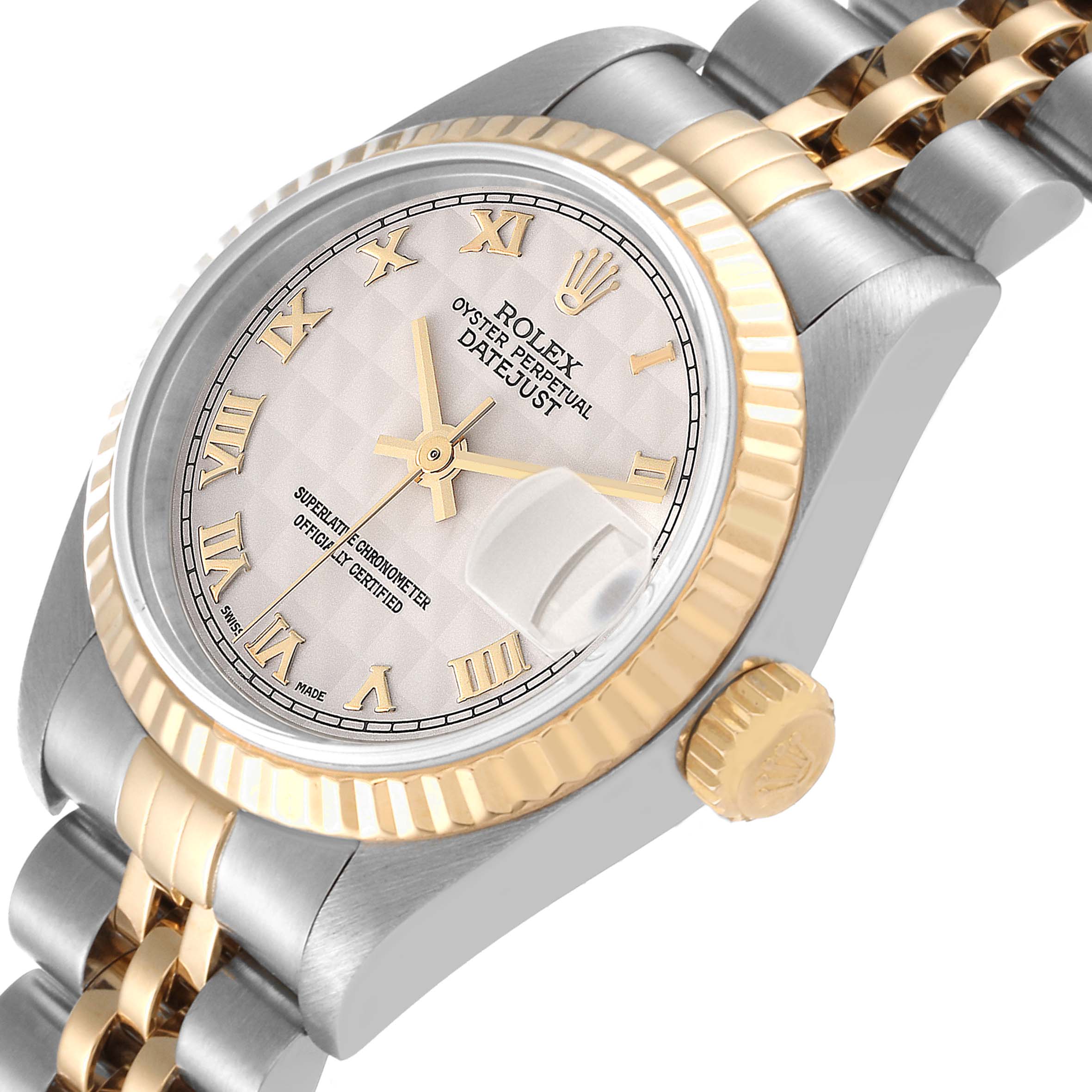 The image shows a close-up angle of the Rolex Datejust 79173 Women's Steel and Gold (two tone) Beige Dial 79173 Women's Steel and Gold (two tone) Beige Dial watch, highlighting the dial, bezel, crown, and part of the bracelet.