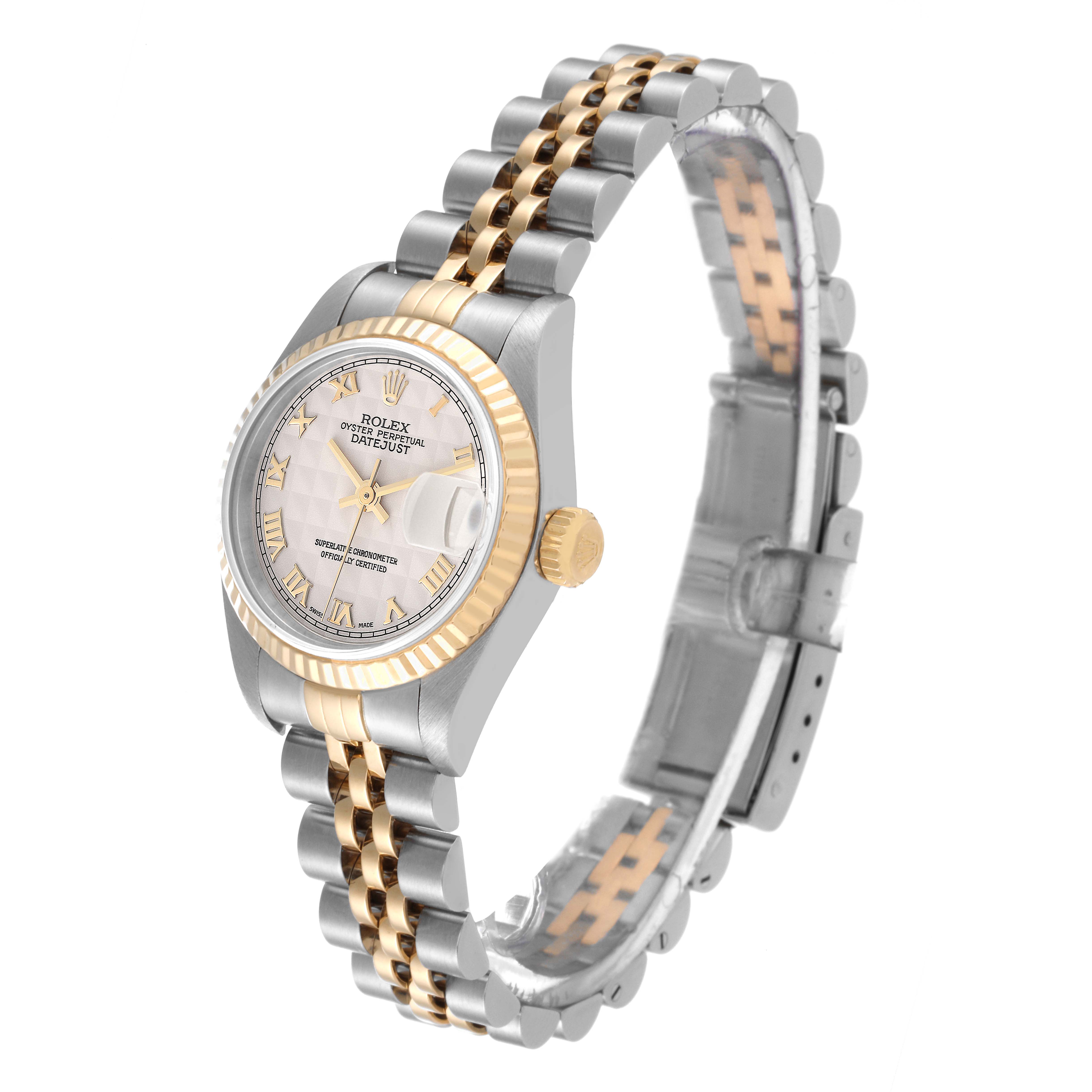 The Rolex Datejust 79173 Women's Steel and Gold (two tone) Beige Dial 79173 Women's Steel and Gold (two tone) Beige Dial watch is shown from a side angle, displaying its two-tone bracelet, dial, and part of the bezel.