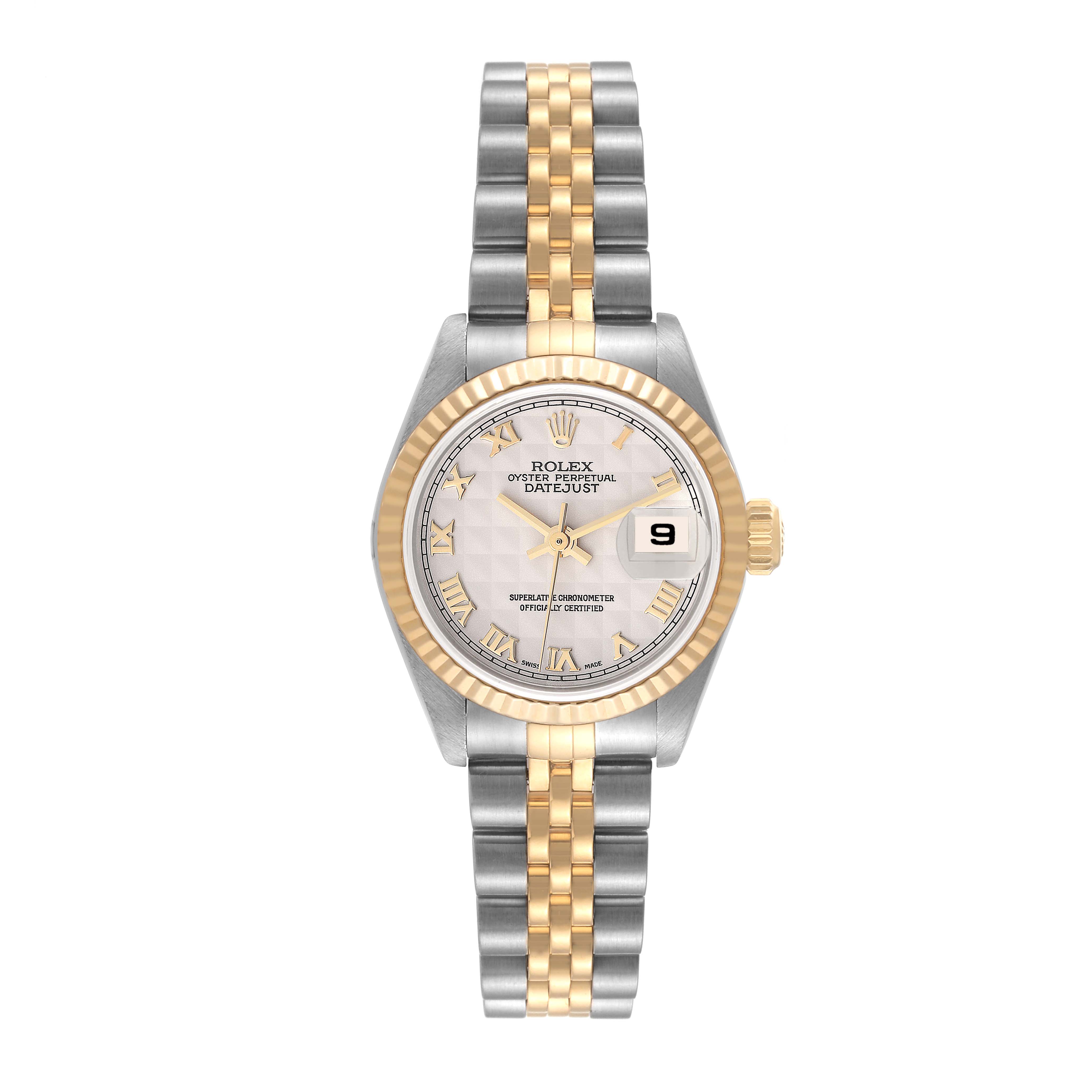 This image shows a front view of a Rolex Datejust 79173 Women's Steel and Gold (two tone) Beige Dial 79173 Women's Steel and Gold (two tone) Beige Dial model watch, showcasing its face, bezel, and two-tone bracelet.