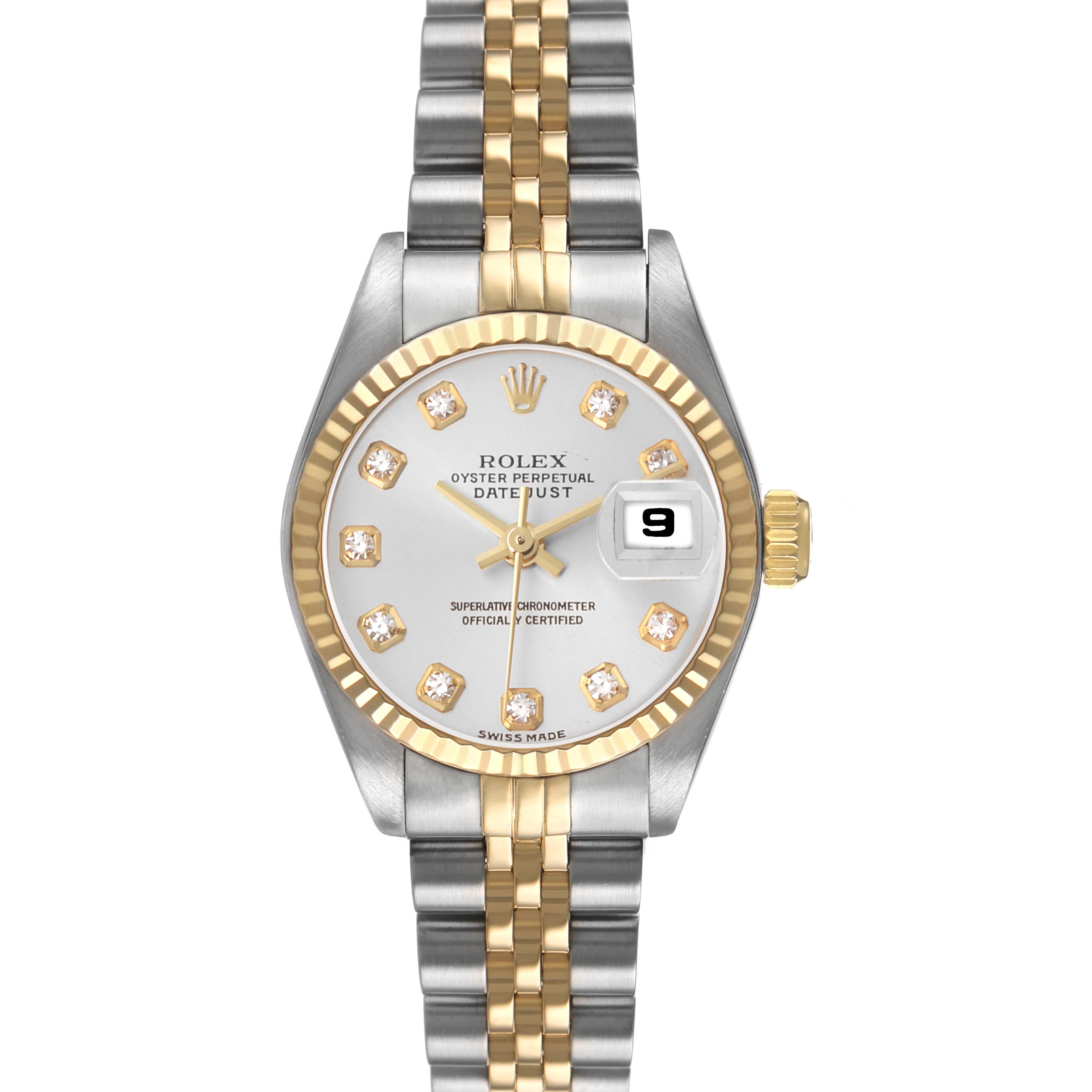 The Rolex Datejust 79173 Women's Stainless Steel Silver Dial watch is shown from a front angle, displaying the dial, bezel, and Jubilee bracelet.