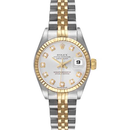 The Rolex Datejust 79173 Women's Stainless Steel Silver Dial watch is shown from a front angle, highlighting its two-tone bracelet and diamond-accented dial.