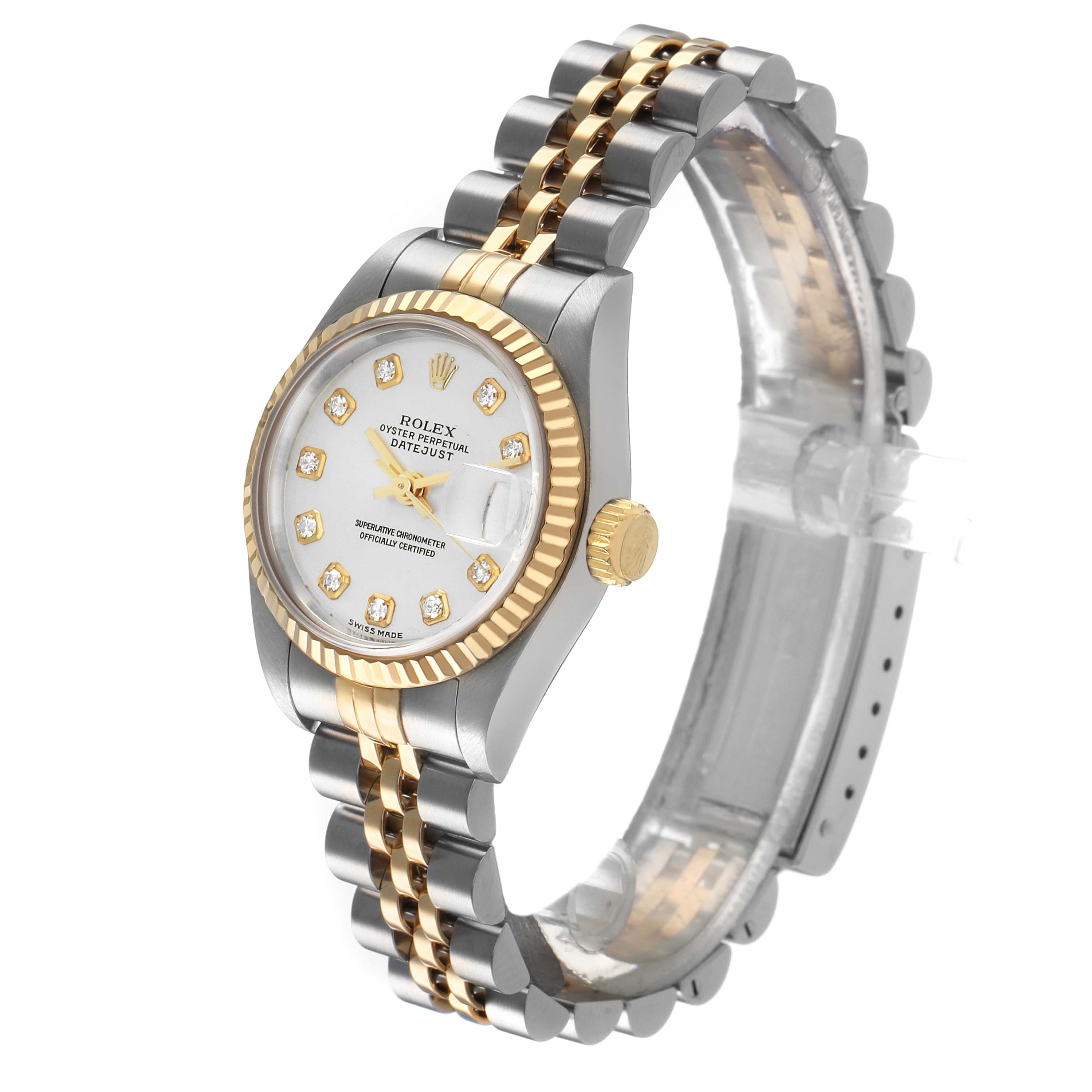 The Rolex Datejust 79173 Women's Stainless Steel Silver Dial watch is shown at an angle displaying its face, bezel, crown, and bracelet links.