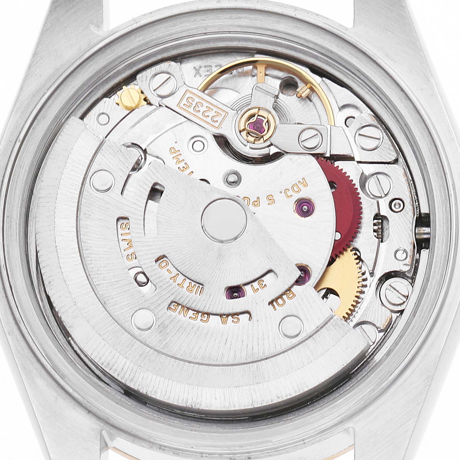 This image shows the movement of a Rolex Datejust 79173 Women's Stainless Steel Silver Dial watch from the back, featuring gears and the rotor.