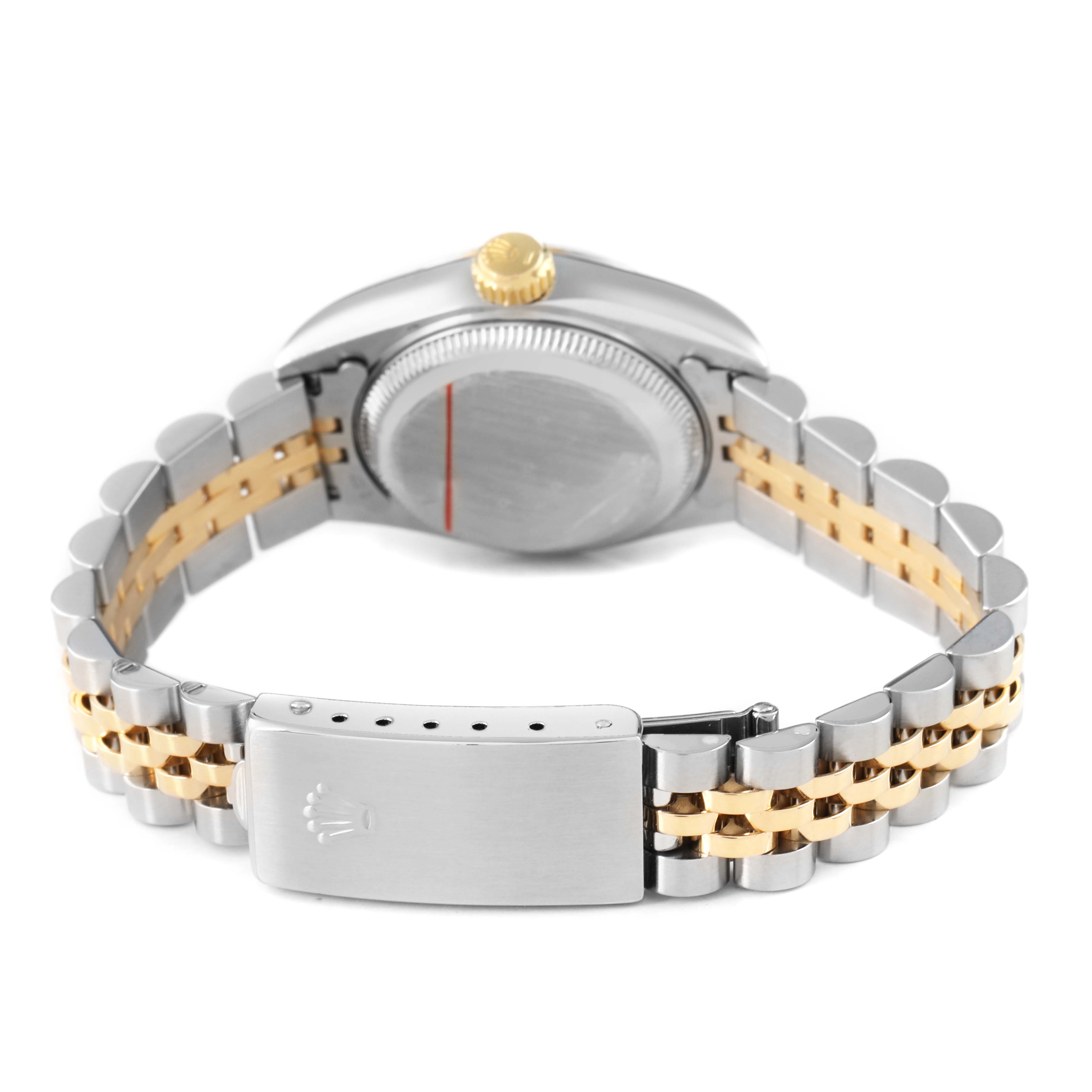 The image shows the back view of a Rolex Datejust 79173 Women's Stainless Steel Silver Dial watch, highlighting the clasp, jubilee bracelet, and crown.