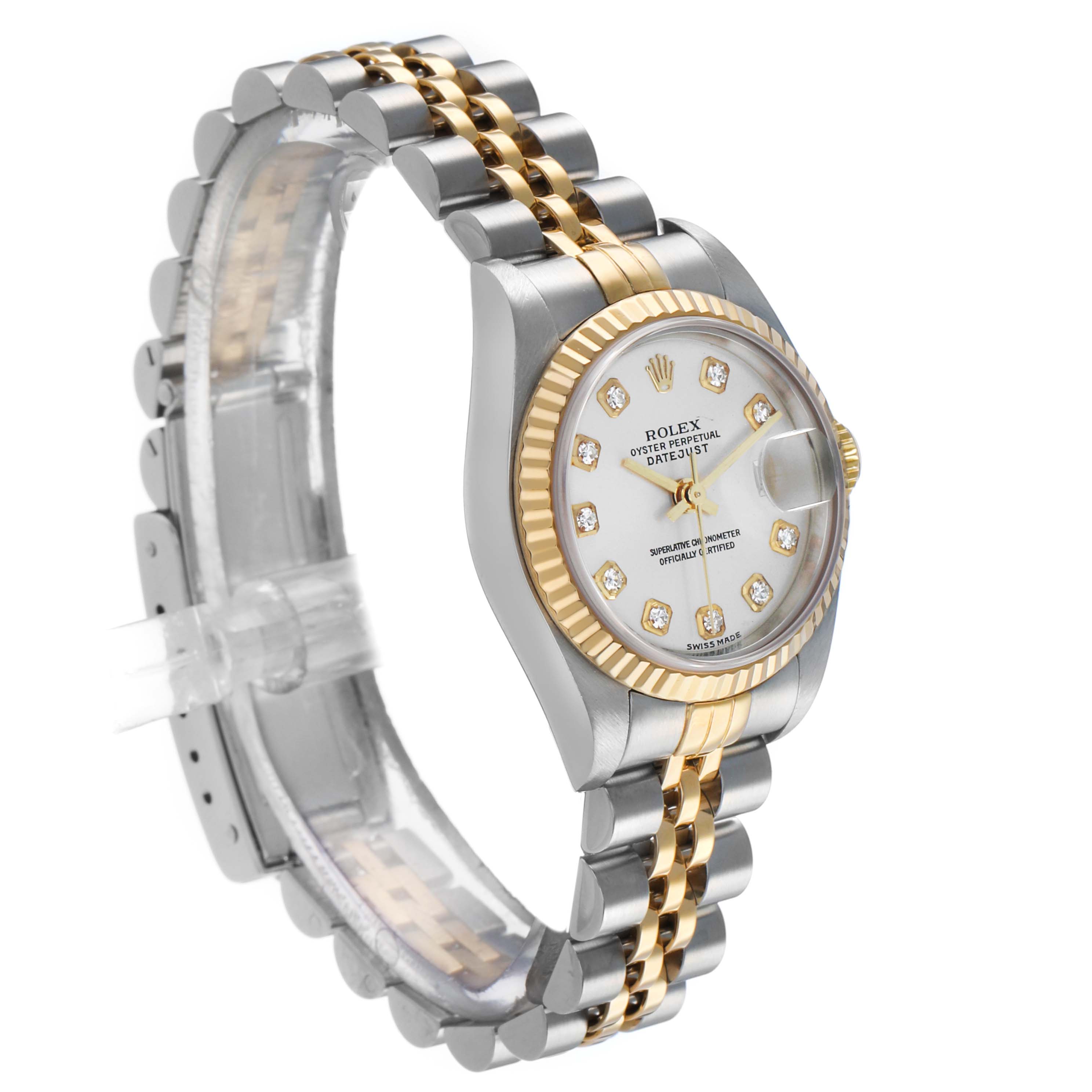 The Rolex Datejust 79173 Women's Stainless Steel Silver Dial watch is shown at an angled side view, highlighting its bezel, dial, and two-tone bracelet.