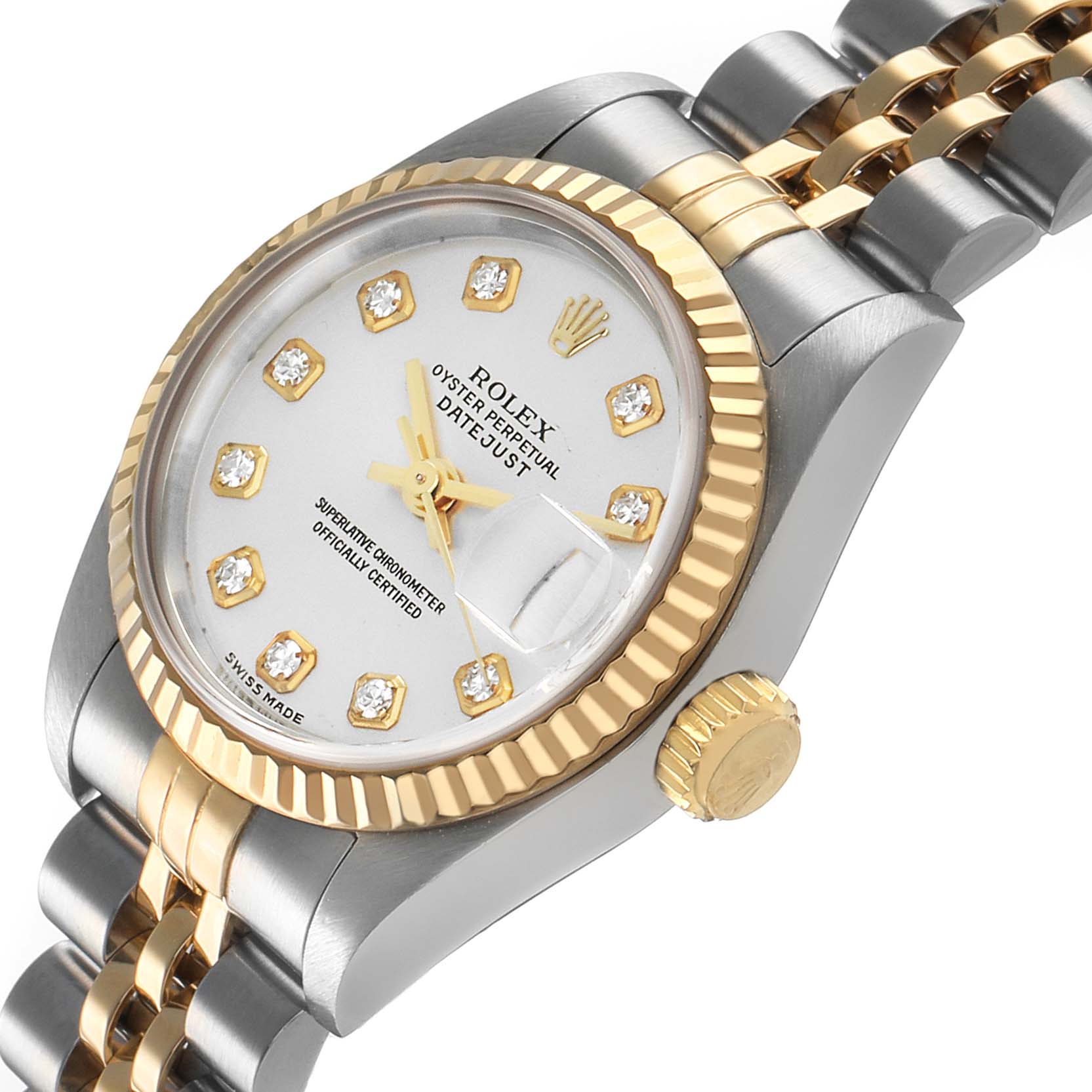 The Rolex Datejust 79173 Women's Stainless Steel Silver Dial watch is shown from a top-side angle, highlighting the dial, bezel, and partial bracelet with a mix of gold and silver tones.