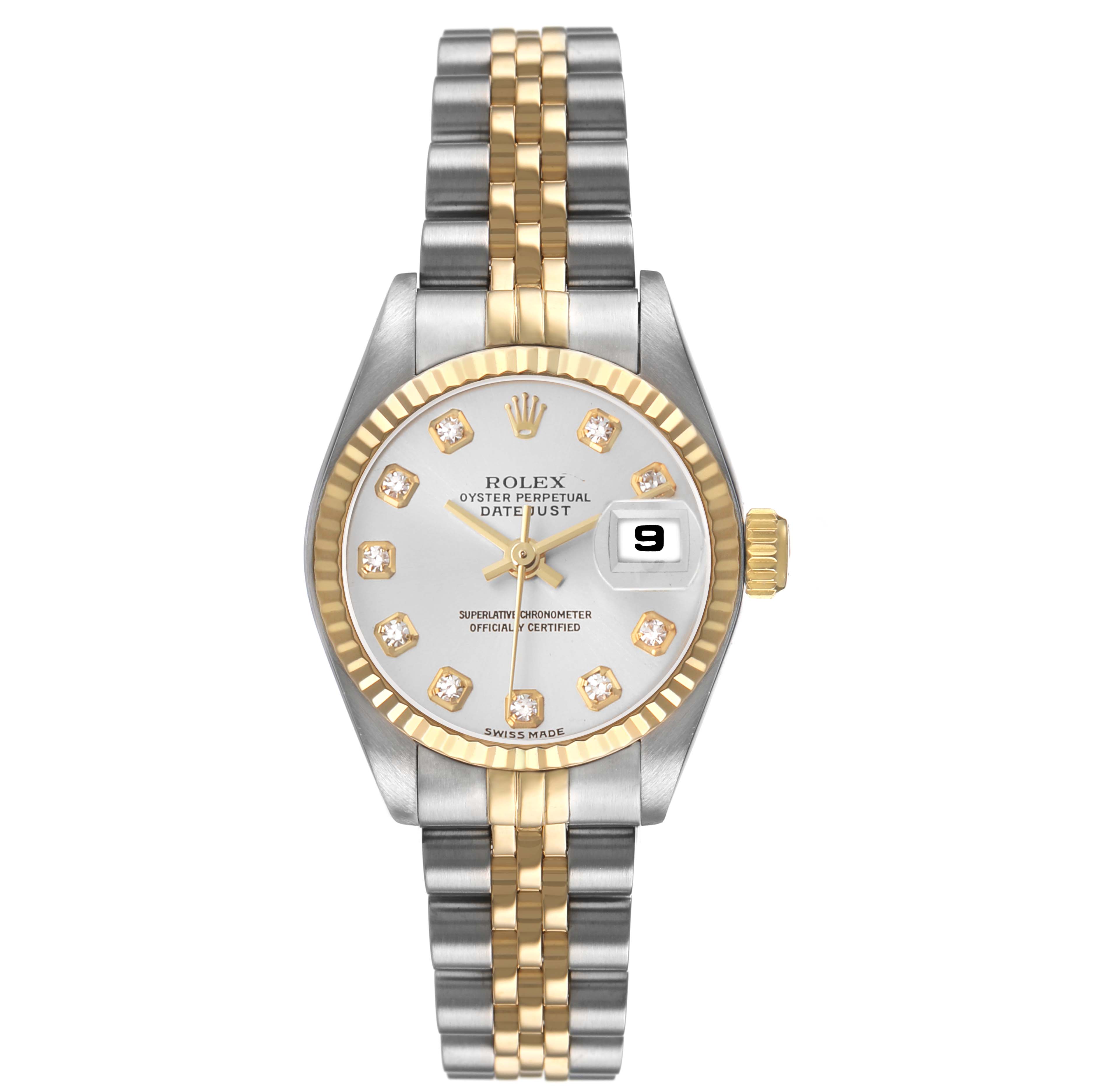 The Rolex Datejust 79173 Women's Stainless Steel Silver Dial watch is shown from the front, highlighting the bezel, dial, and two-tone Jubilee bracelet.