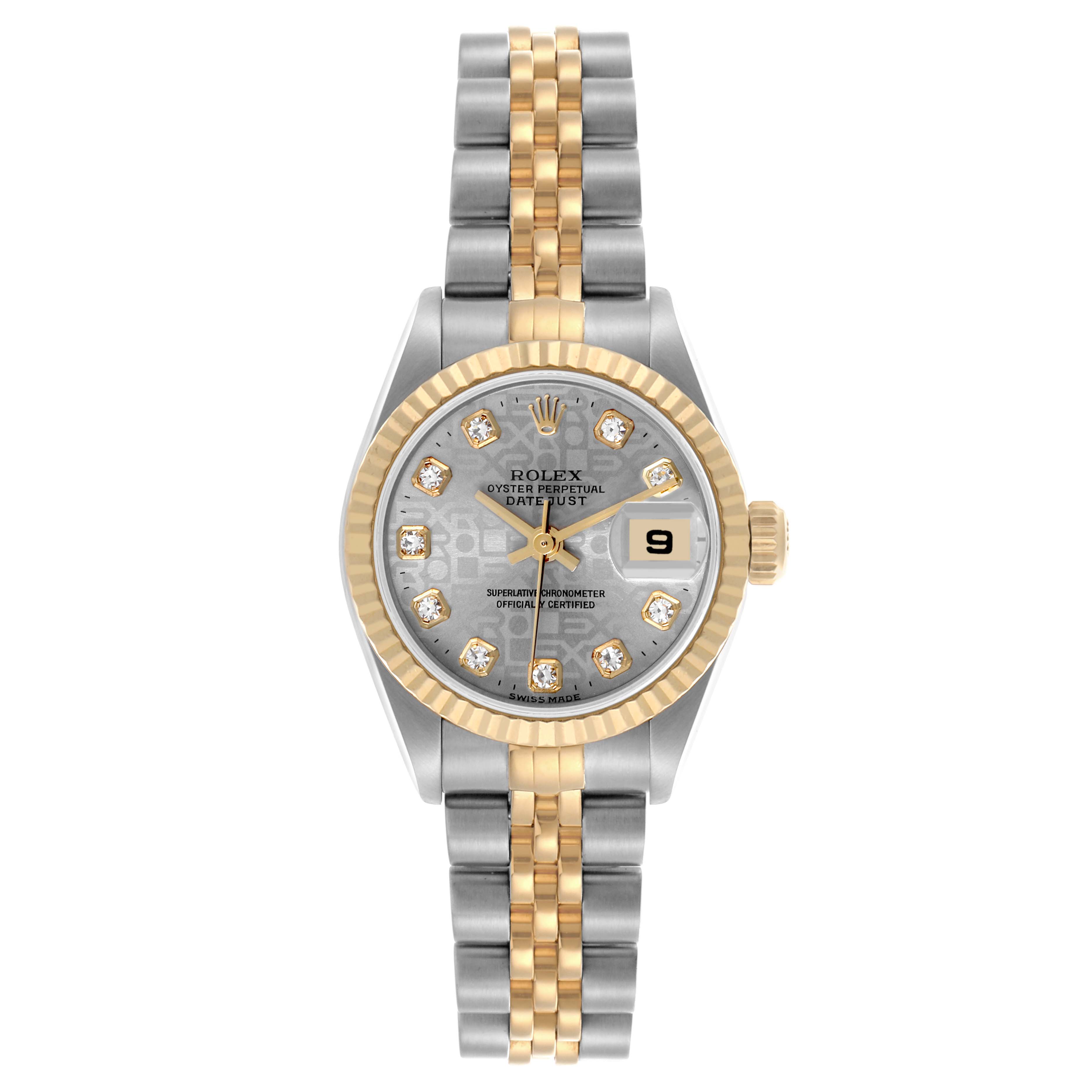 The Rolex Datejust 79173 Women's Steel and Gold (two tone) Grey Dial 79173 Women's Steel and Gold (two tone) Grey Dial watch is shown from the front, highlighting the dial, bezel, and bracelet with a two-tone metal design.