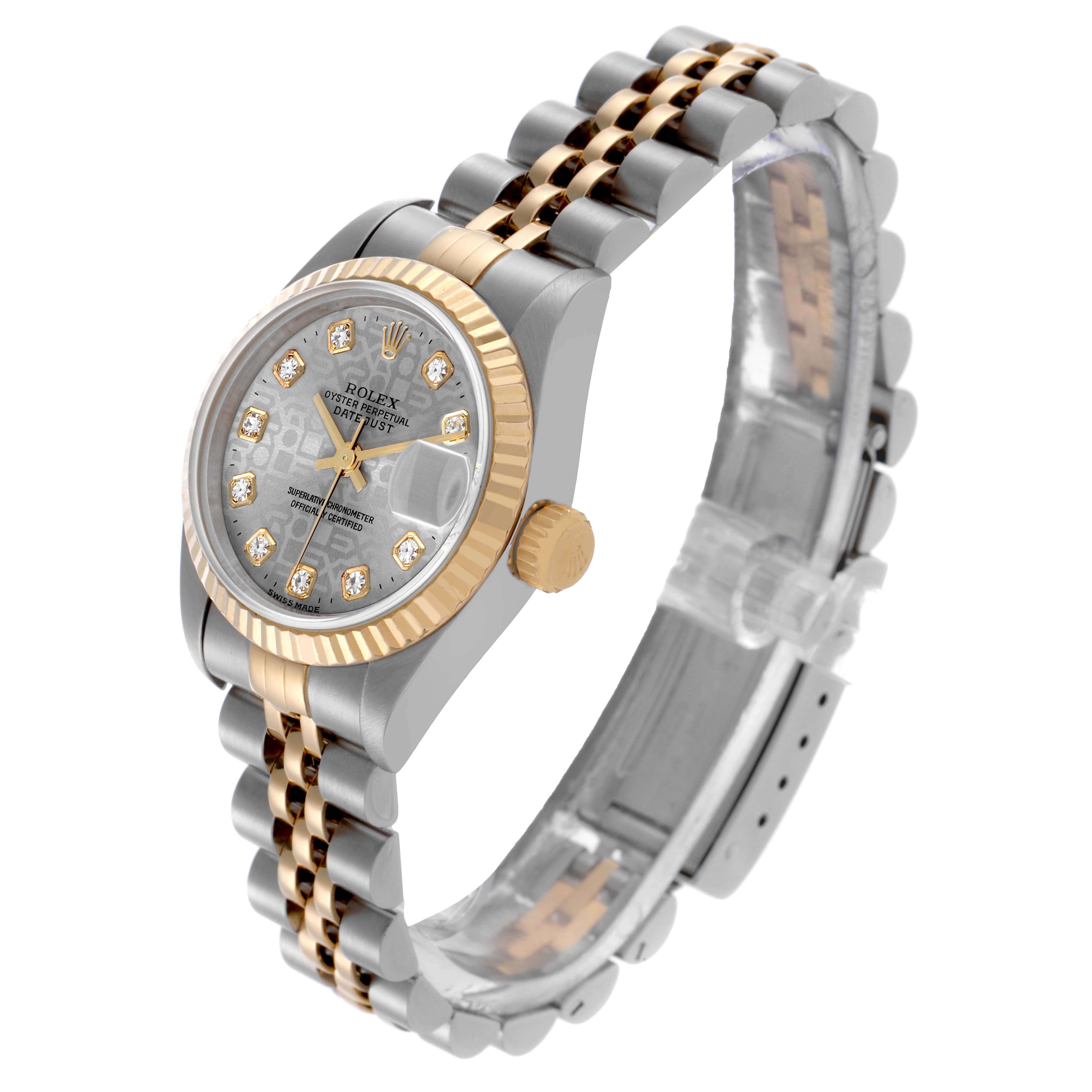 The Rolex Datejust 79173 Women's Steel and Gold (two tone) Grey Dial 79173 Women's Steel and Gold (two tone) Grey Dial watch is shown at a slight angle, displaying the face, two-tone bracelet, bezel, and crown.