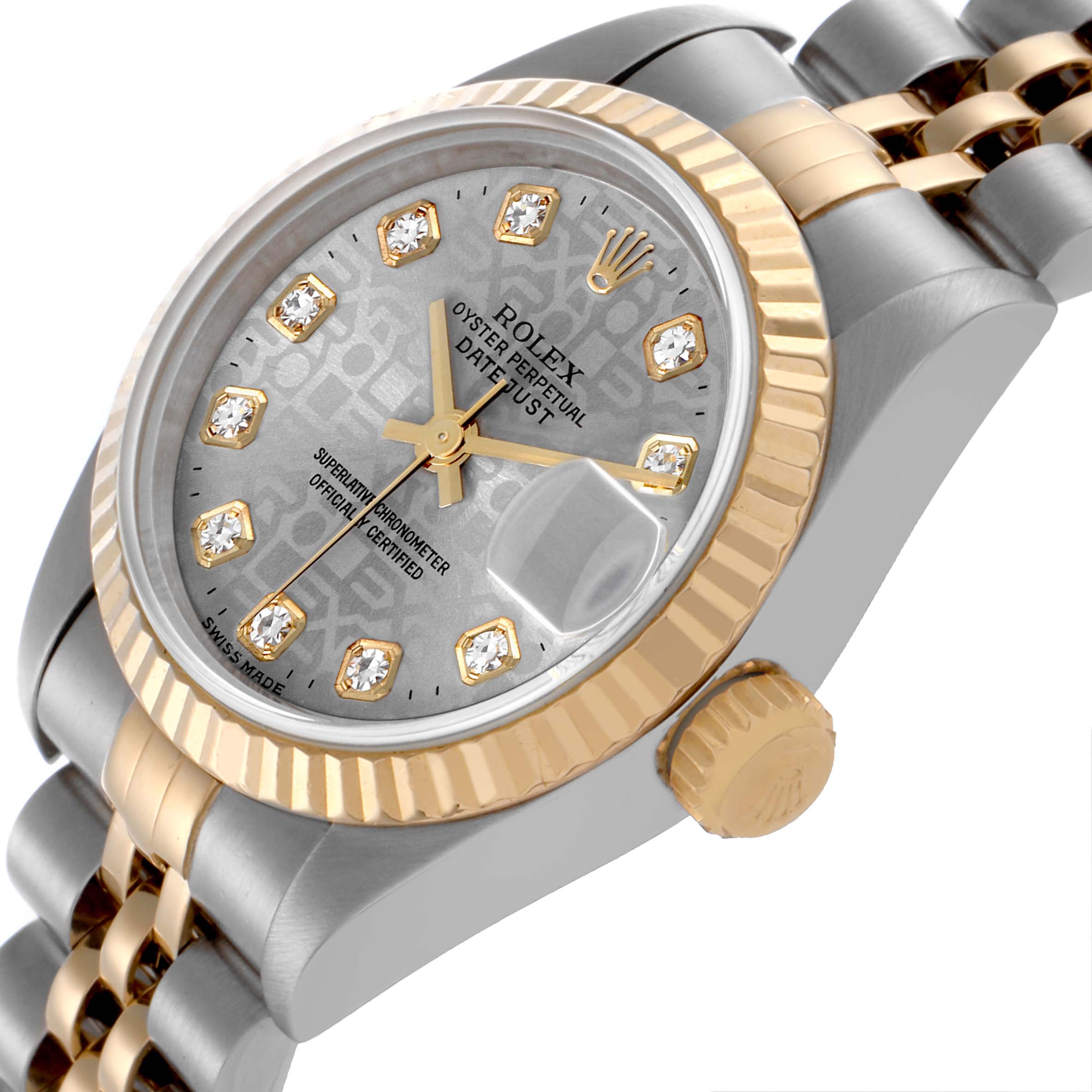 The Rolex Datejust 79173 Women's Steel and Gold (two tone) Grey Dial 79173 Women's Steel and Gold (two tone) Grey Dial is shown at an angle highlighting the dial, bezel, crown, and part of the bracelet.
